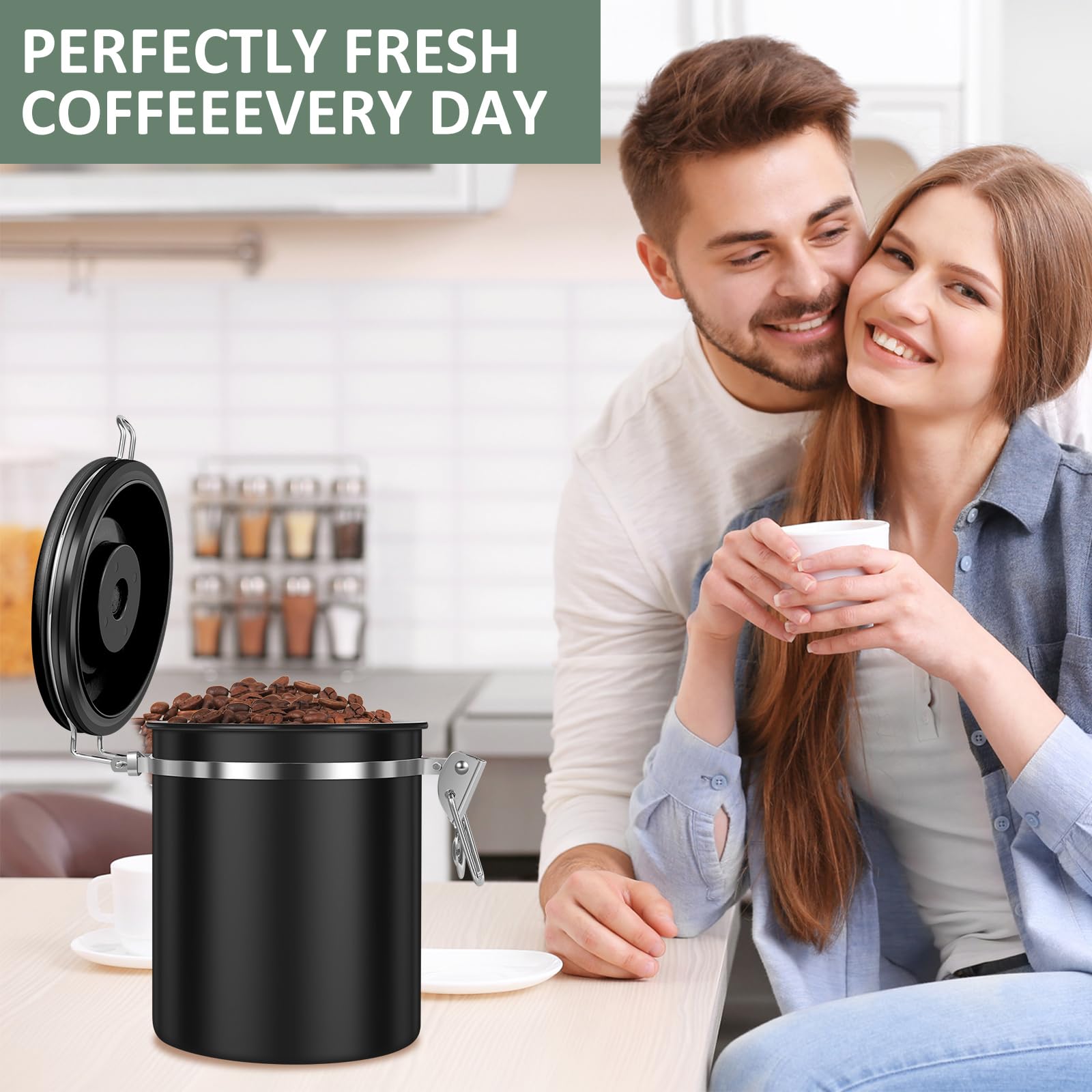 Kaffee-Vorratsdose, 1,5 l, doppelt, luftdicht, Kaffeebohnen-Behälter mit Datumsanzeige, 304 Edelstahl, Küchen-Lebensmittelbehälter mit Löffel für Tee, Zucker, 4 Stück