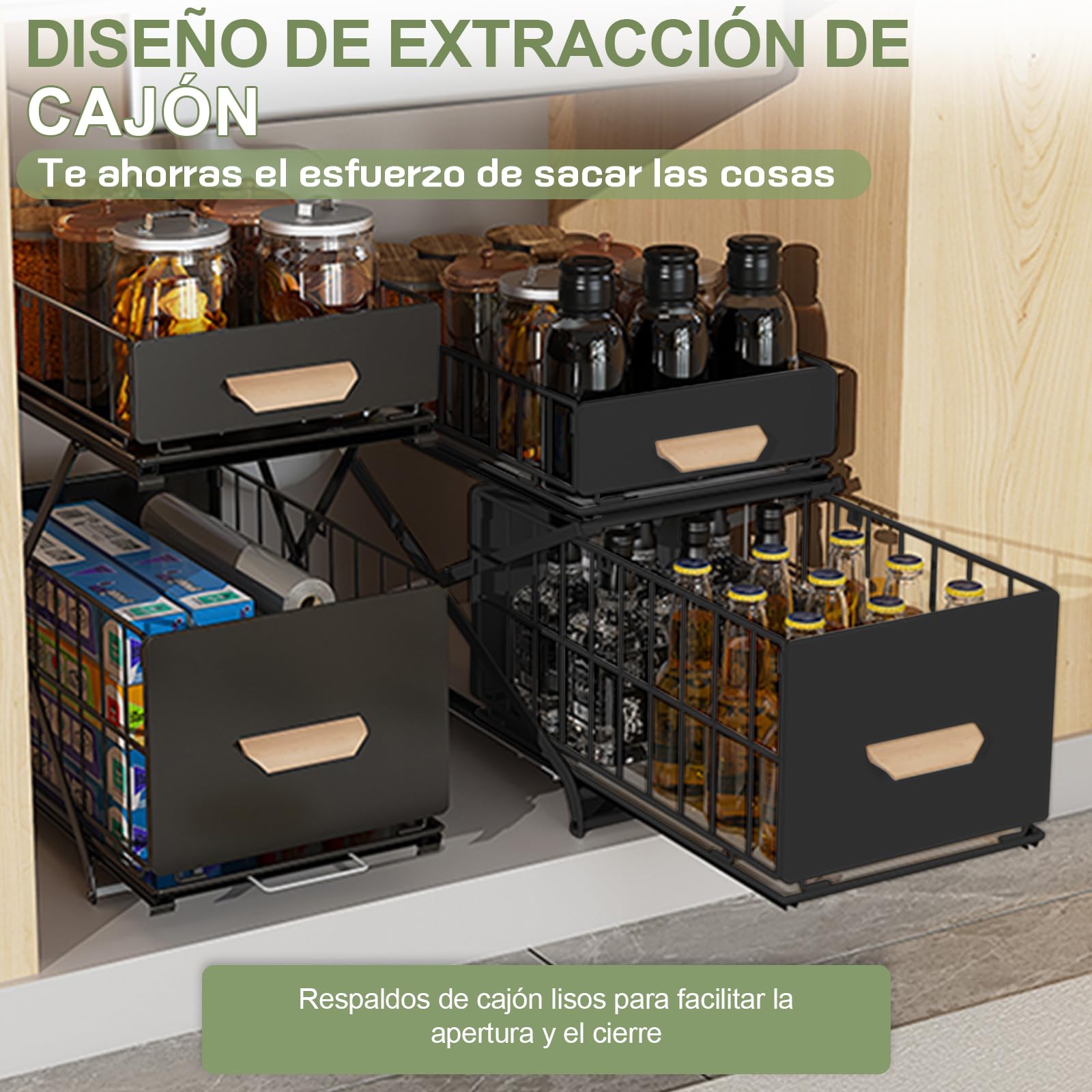 Organizador Bajo Fregadero 2 Niveles Metal Deslizable Negro | Estante de almacenamiento debajo del fregadero para cocina y baño, altura ajustable (40 x 26 x 39 cm)