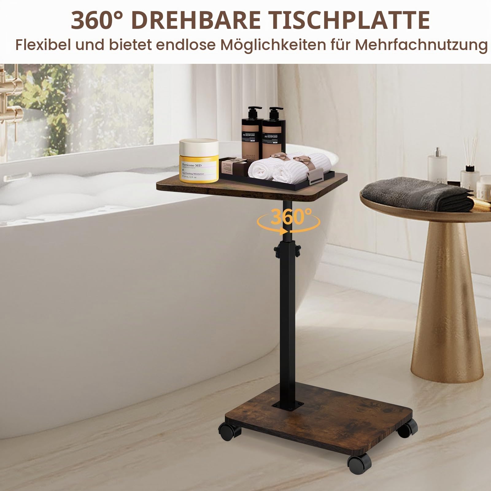 Beistelltisch Höhenverstellbar mit Rollen Kleiner Beistelltisch C Form Couchtisch Sofatisch Side Table 360° Rotierend Betttisch für Sofa Bett Wohnzimmer und Schlafzimmer Retro-Braun