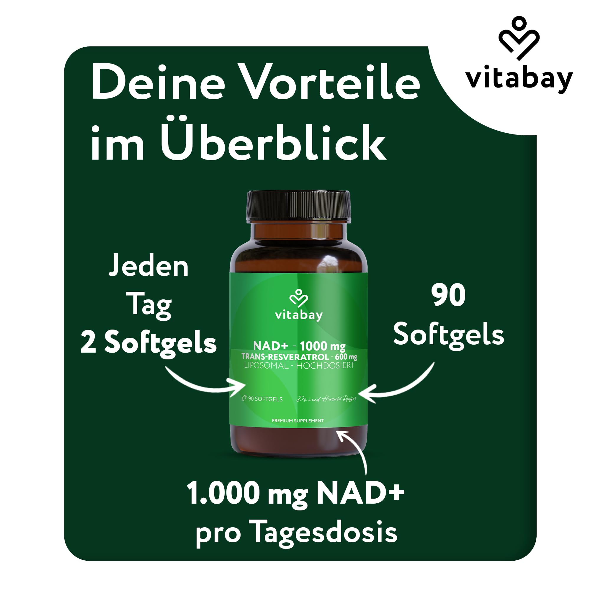 Vitabay Liposomales NAD+ 1000 mg mit Trans-Resveratrol 600 mg - 90 vegane Softgels - hochdosiert, vegan, laborgeprüft in Deutschland - NAD Supplement, ohne Gentechnik - 45 Tage Vorrat