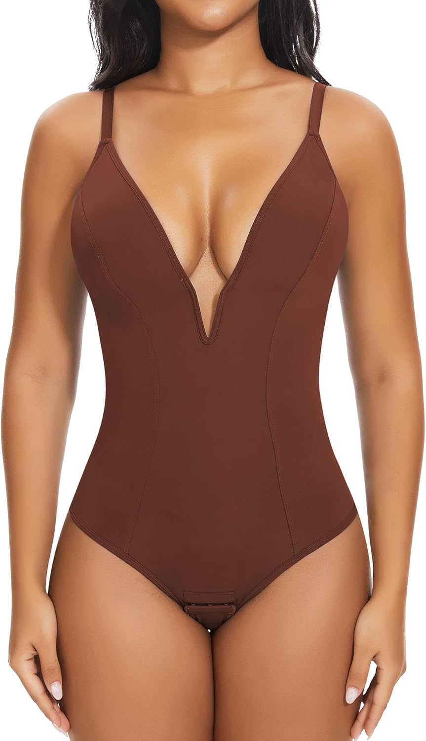 SHAPERIN Women's Deep V Neck Bodysuit Double Lined Plunge Tummy Control Shapewear Thong Body Suits Backless Cami Tank
