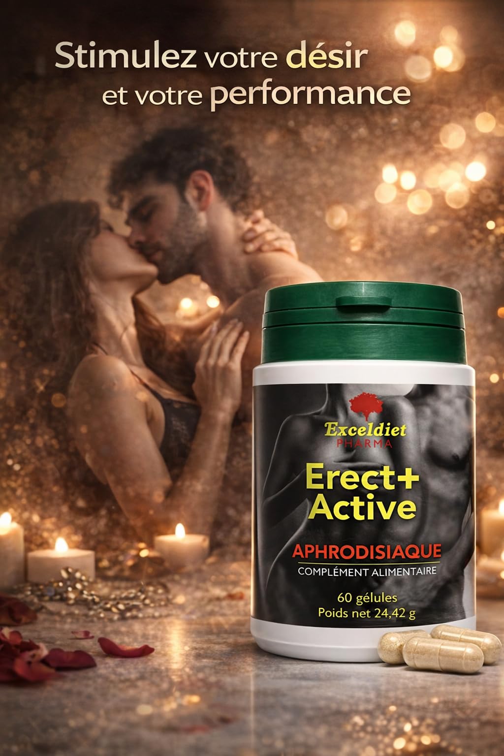 ERECT + ACTIVE - Complément Alimentaire Tonifiant Sexuel Intense pour Homme - Performance, Vigueur, Endurance Sexuelle - Maca, Ginseng, Tribullus, Zinc, 60 gélules