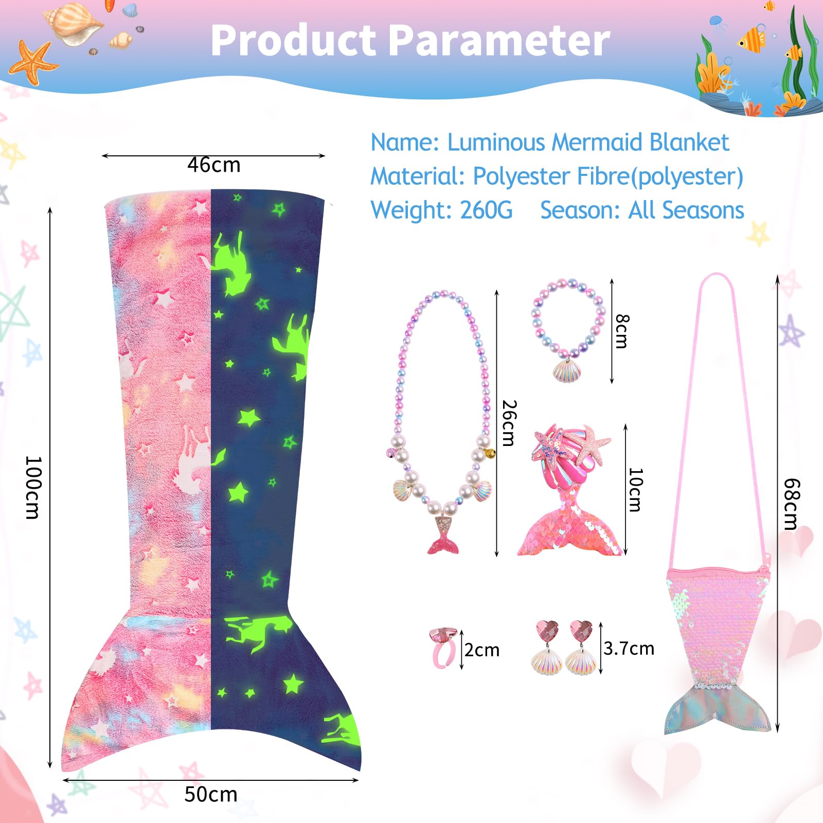 Cyiecw Saco Dormir Niña Manta Infantil Sirena 100x50CM, Aleta de Sirena Niños Manta Resplandor en la Oscuridad, Manta de Franela Sirena con Bolso de Lentejuelas y Accesorios de Joyería de Sirena