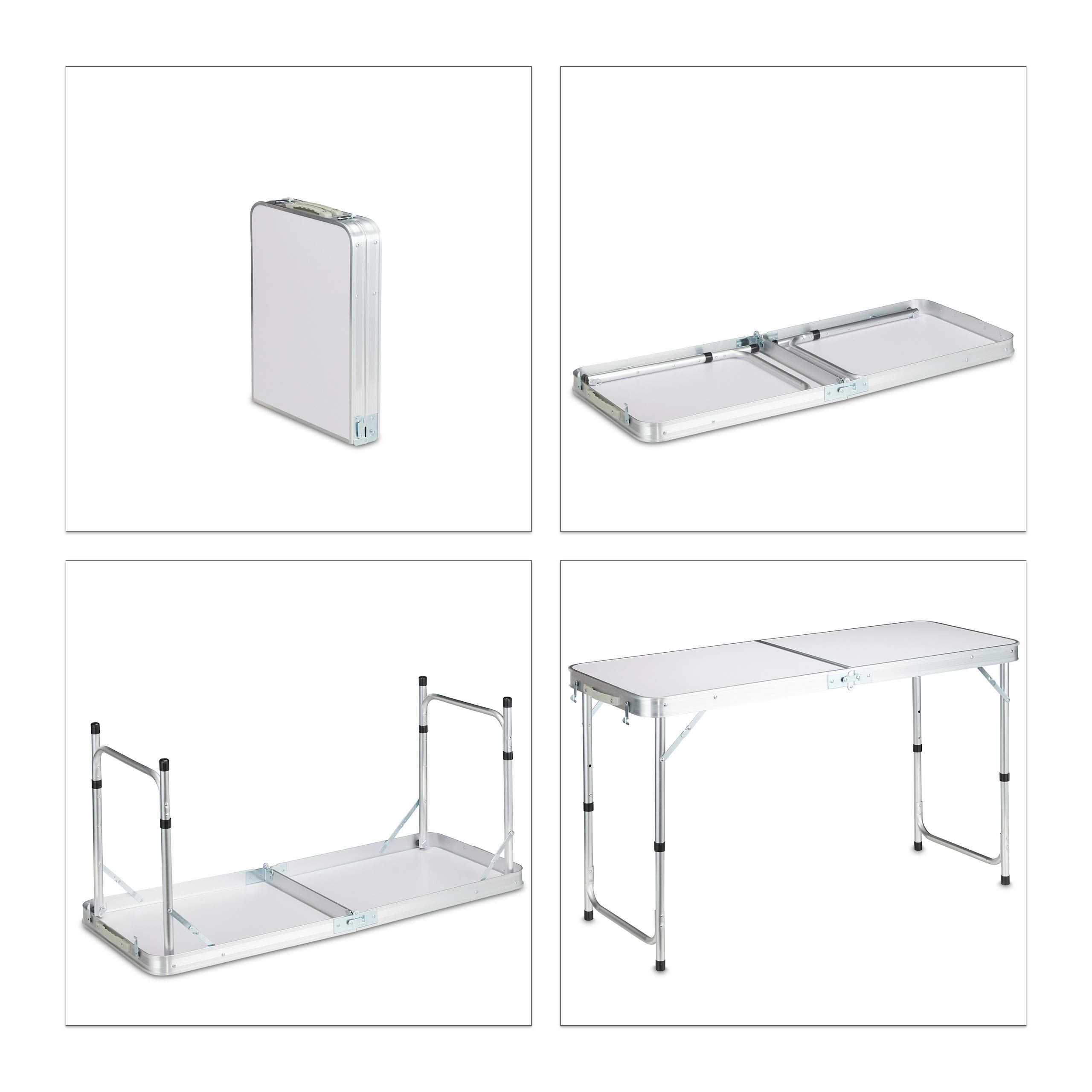 Relaxdays Campingtisch klappbar, höhenverstellbar, stabil, Campingschrank, Aluminium & MDF, BxT 120 x 47 cm, Silber/weiß