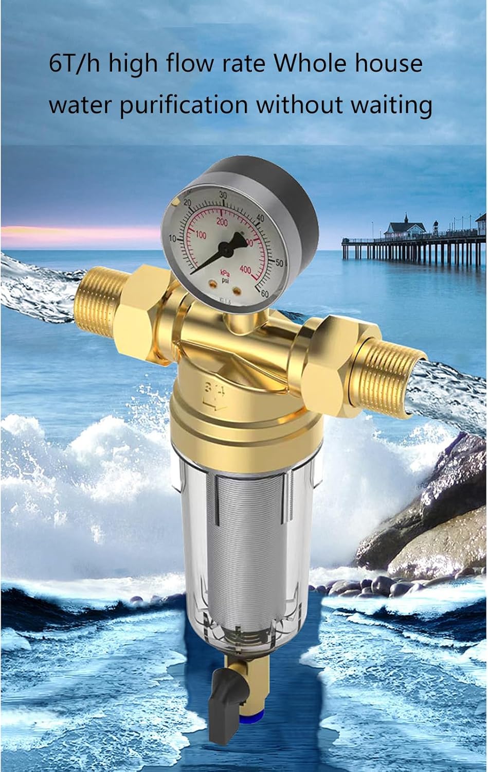 プロ仕様沈殿物フィルター 逆洗バルブ付き 頑丈な真鍮製ウォータープレフィルター 住宅供給ライン用 自動洗浄プレフィルター スチールハ