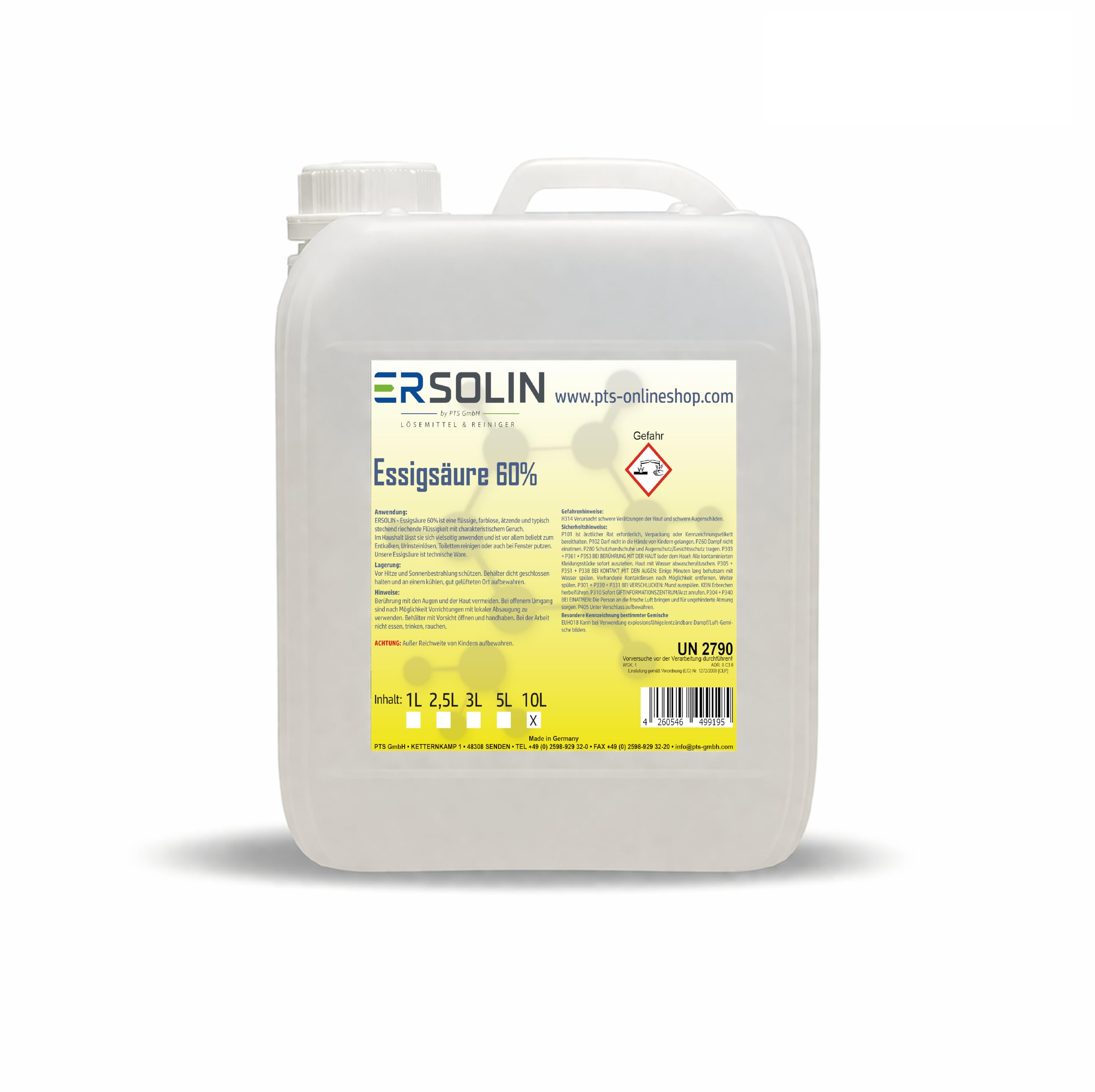 Acide acétique 60% 10 L Détartrant Nettoyant très économique également disponible en 1L, 3L, 5L