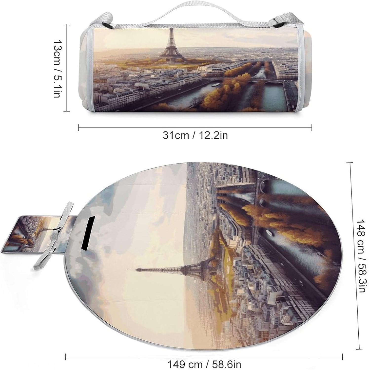 Aerial View of Paris Cityscape Picnic Mat Lightweight Waterproof Picnic Blankets Extra Large Picnic Outdoor Blankets Foldable Sandproof Beach Blanket for Park Beach Camping Courtyard 58.3''x58.3''