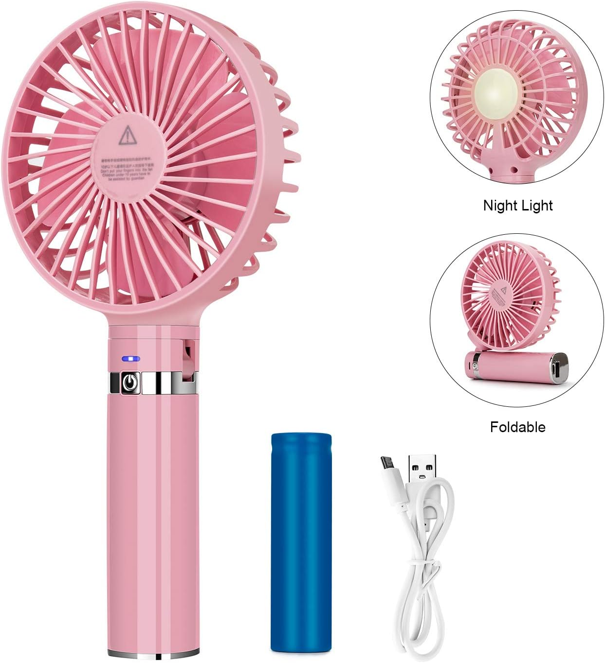 Battery Fan Foldable Portable Fan with LED Night Light,USB Mini Fan Rechargeable Portable Desk Fan 3 Speeds,Foldable Handle for Office Room Outdoor Travel (Include Rechargeable Battery)