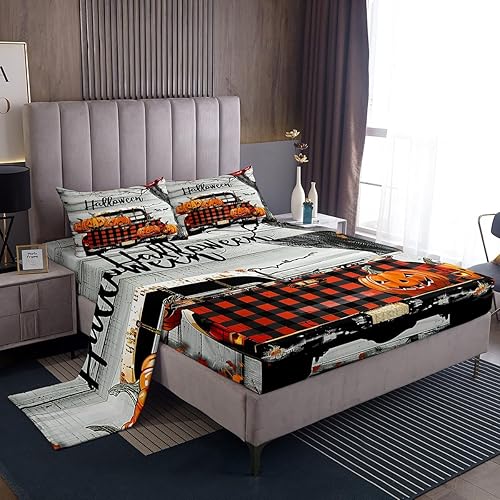 Manfei Juego de sábanas de Halloween tamaño individual, juego de ropa de cama de fantasmas de araña de árboles negros para decoración de habitación