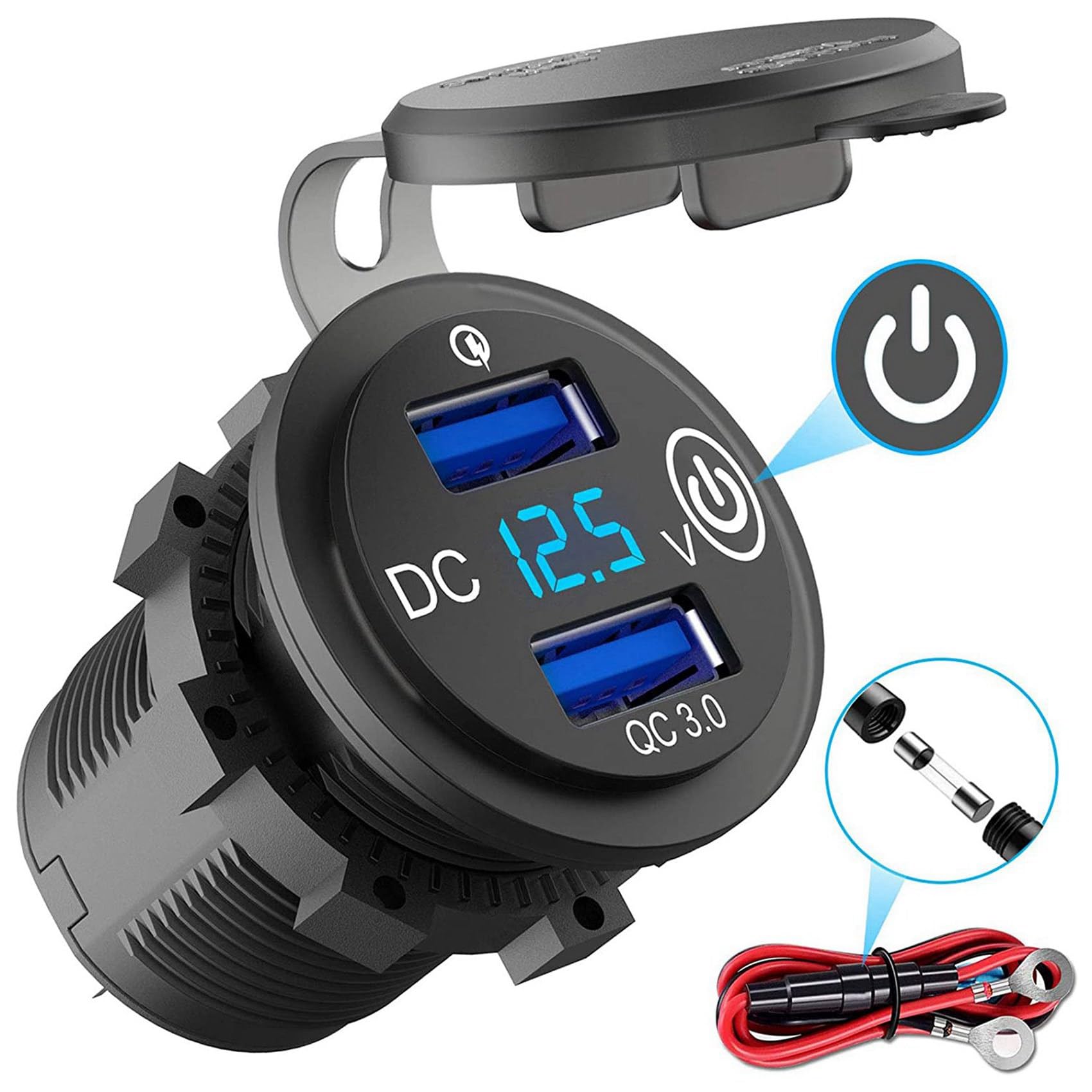 4X Prise USB 12 V, Chargeur de Voiture Double USB à Charge 3.0 avec Interrupteur de Contact et Voltmètre pour Camion de Voiture de Moto 12 V / 24 V