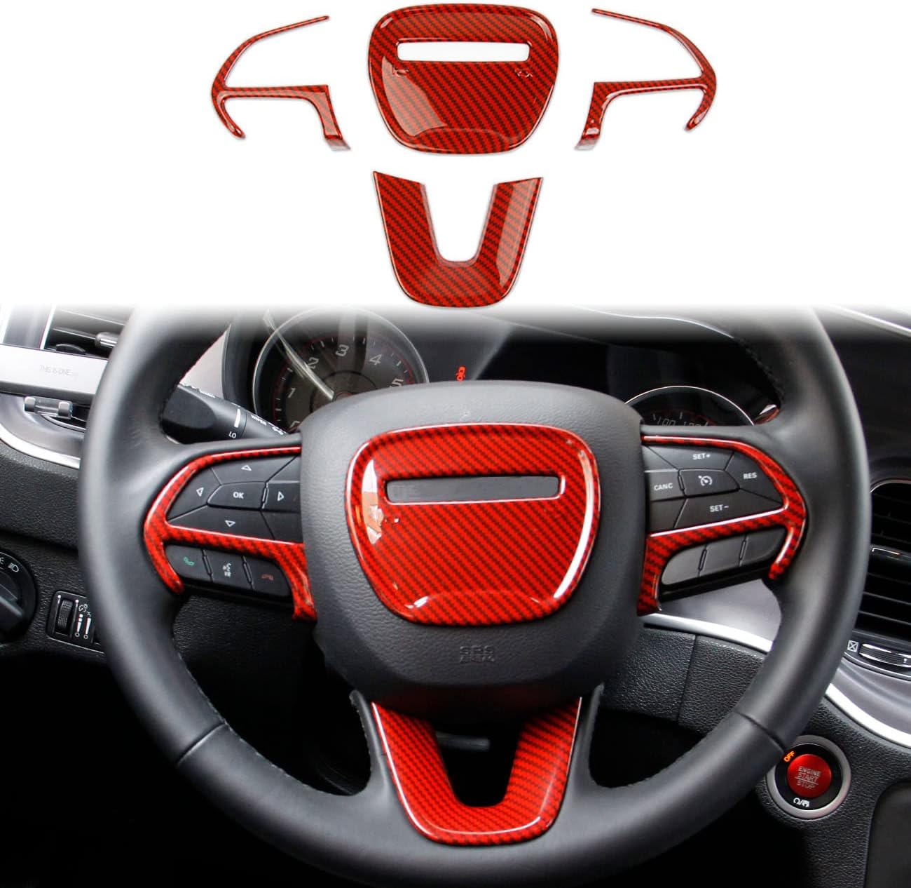 Crosselec Carbon Fiber Steering Wheel Cover Trim Bezels Accessories for Dodge Charger 2015+ (Red)