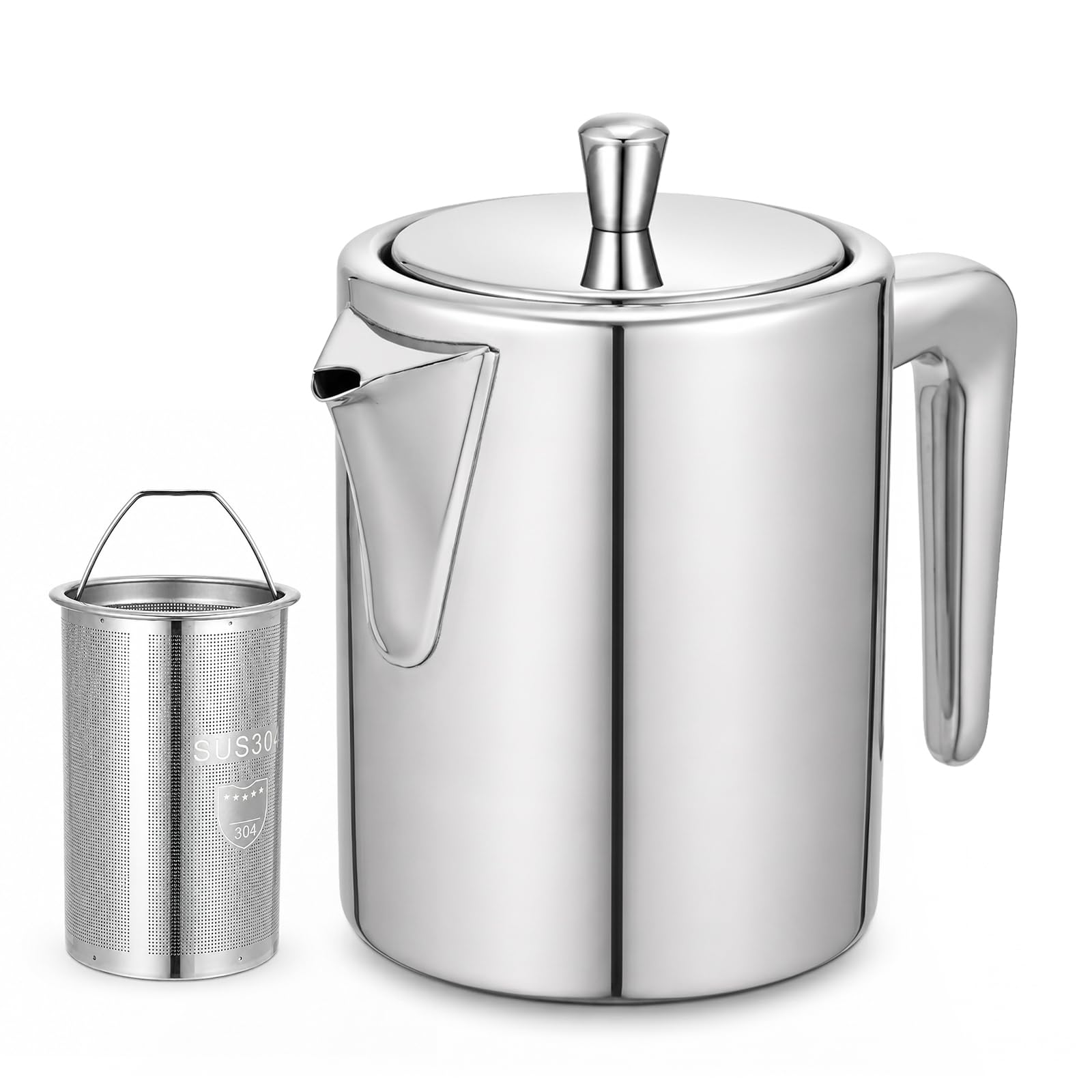 SUNNYNEST Stainless Steel teapot with 670ML Double Wall Insulated Tea Pot, Keeps Tea Hot Longer, Fine Mesh Tea Strainer, Durable Modern Teapot for Home, Office