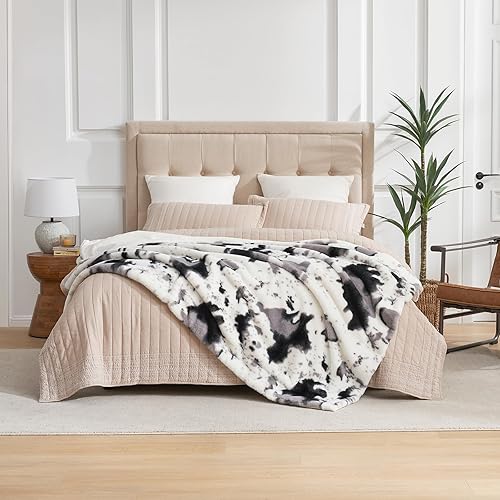 Miniatura 10 de Cozy Bliss Manta de lujo de piel sintética con estampado de ciervo, manta sherpa reversible que no se desprende, súper suave, mullida, gruesa,