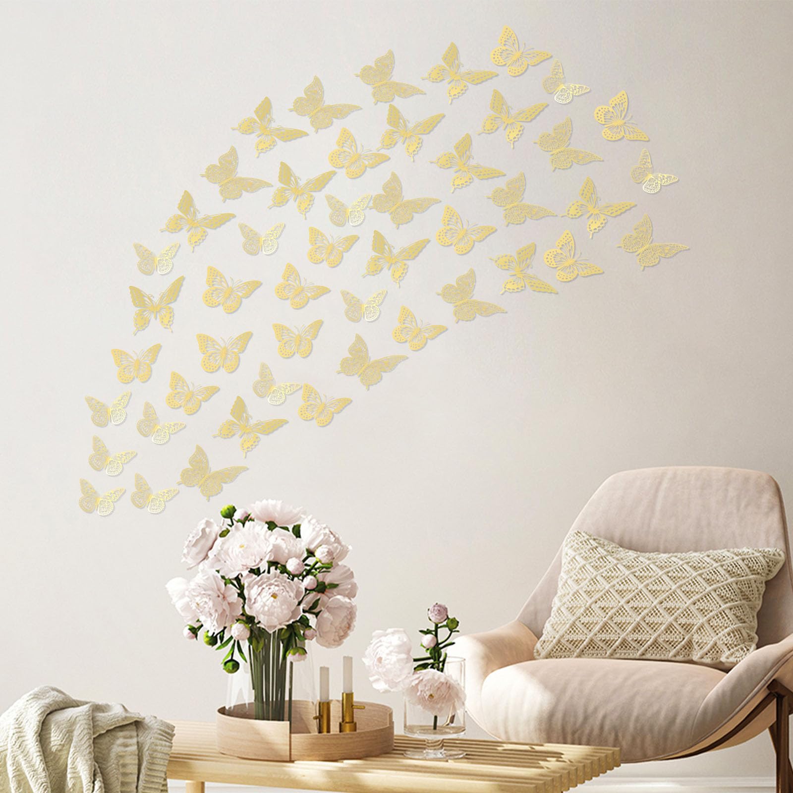 Cpqakb 48-Piece 3D Butterfly Wall Decor - 4 Styles, 3 Sizes, Removable Metallic Stickers For Parties, Nursery, Wedding (Silvery)