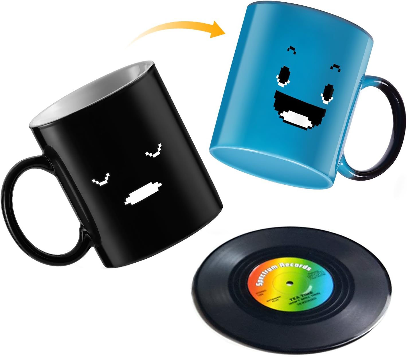 Magic Heat Sensitive Coffee Mug, Color Changing Funny Smiley Faces Design,BPA Free Ceramic 12 OZ Cup Set,With Gift of Retro Vinyl Record Disc Drink Coasters By ADAINA(Blue)