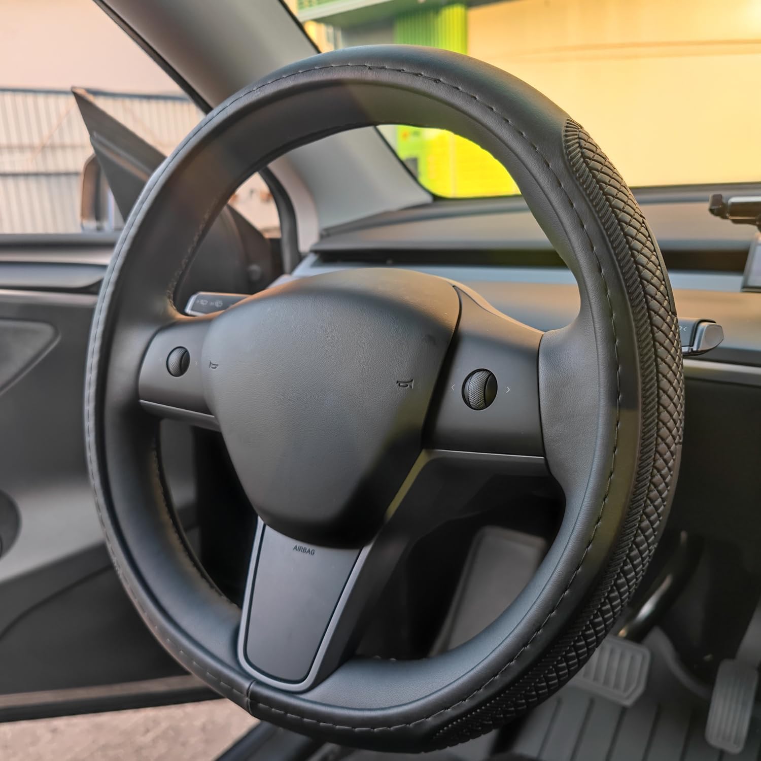 D Shape Steering Wheel Cover for Tesla Model 3 / Y, for Camaro, 14-14.25 Inch Black Leather Car Wheel Cover for Men Women D Shape Black Leather for Tesla Model 3 / Y