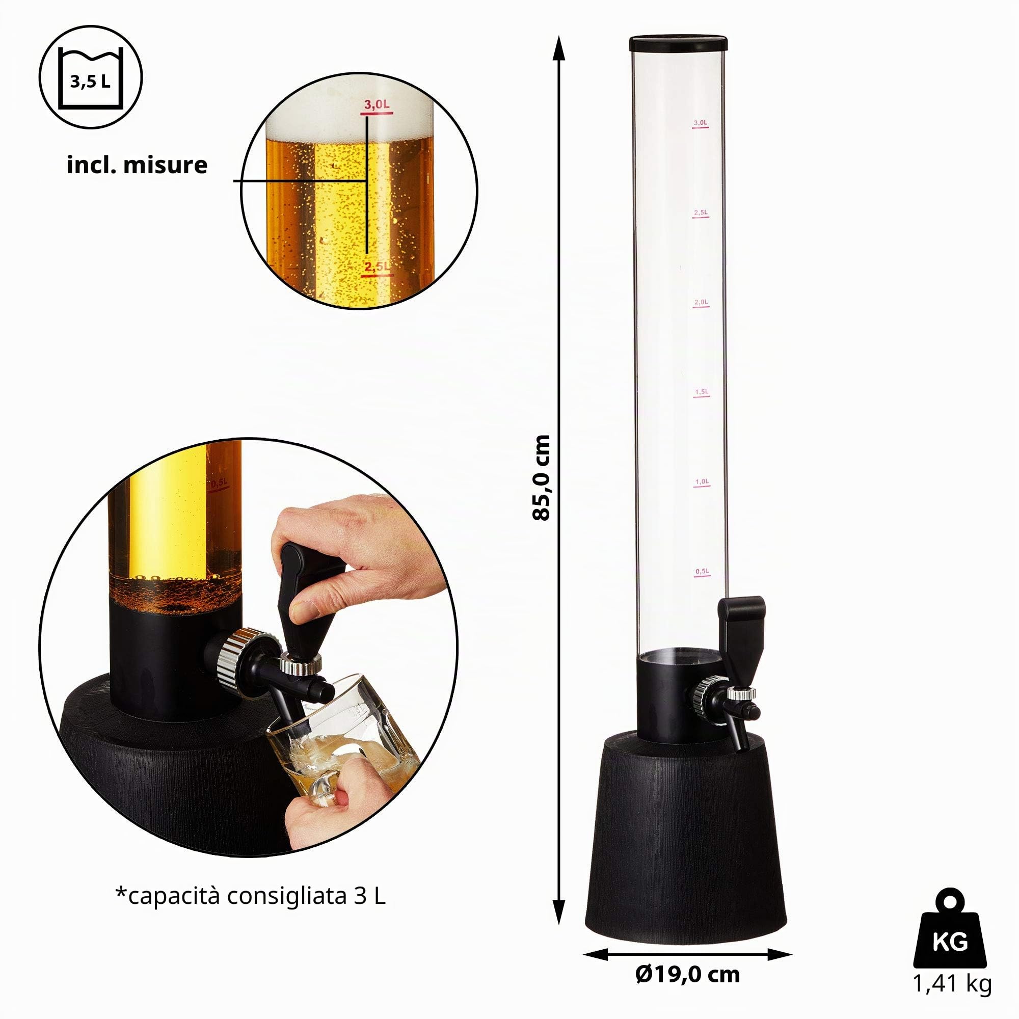 Cepewa - Erogatore di birra con spina | H 95 cm | Capacità 3 litri | Colonna per bevande | Torre di birra per divertimento alle feste