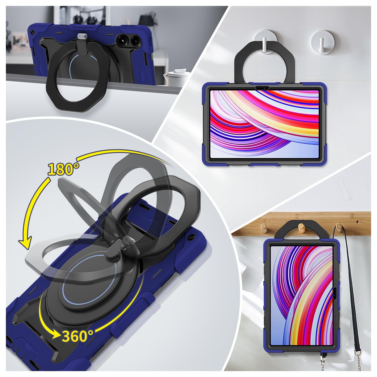 Pełne etui ochronne, wytrzymałe etui ochronne do Xiaomi Redmi Pad Pro 30.7 cm, obracany o 360°, pasek na ramię, uchwyt na ołówki i pierścień na uchwyt, odporne na wstrząsy, dla dzieci i dorosłych