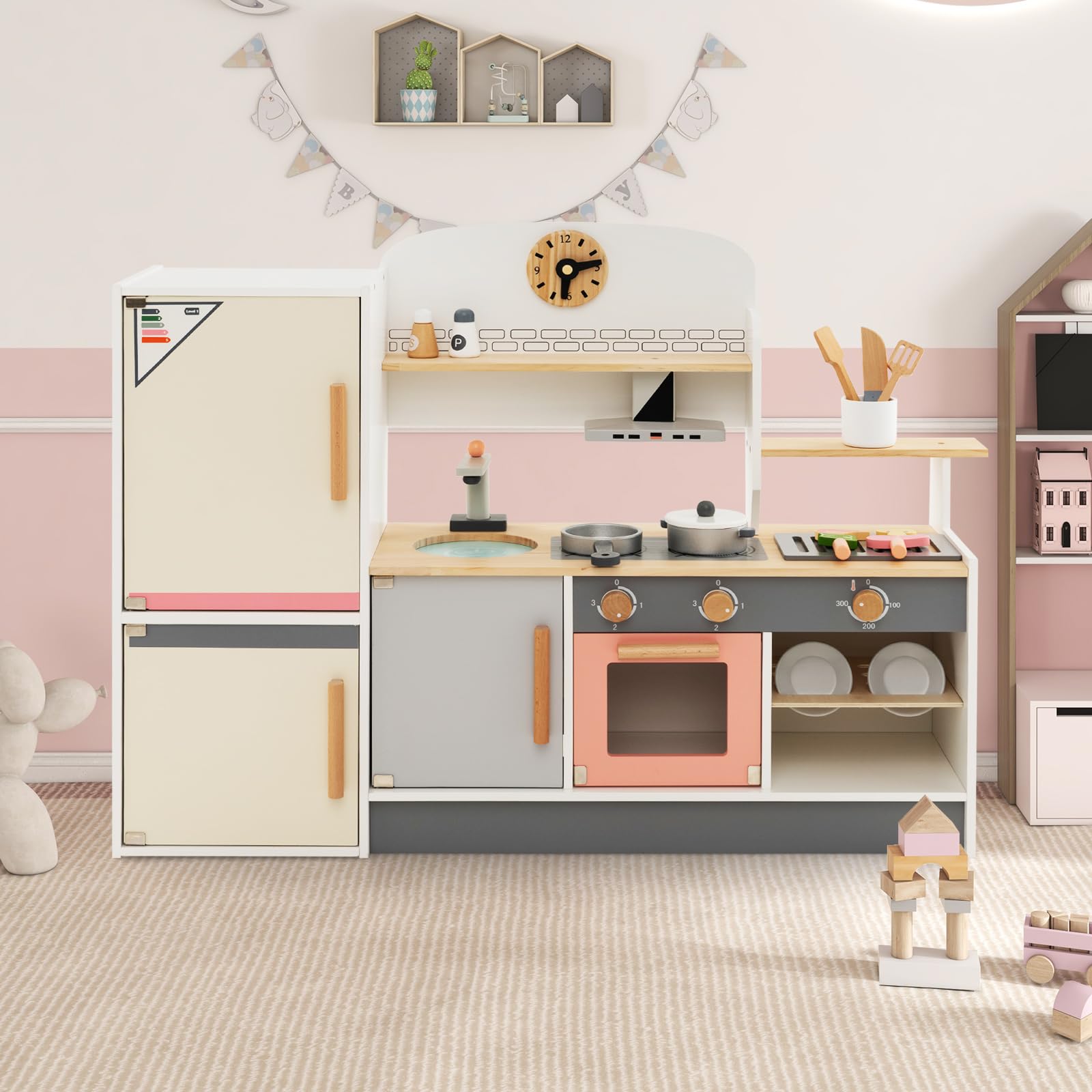 DREAMADE Cuisine Enfant avec Accessoires Abondants, Cuisine en Bois Enfant avec Four, Réfrigérateur, Ustensiles de Cuisine, Jeux d’Imitation pour Enfants 3+ Ans, Cadeau pour Garçons et Filles