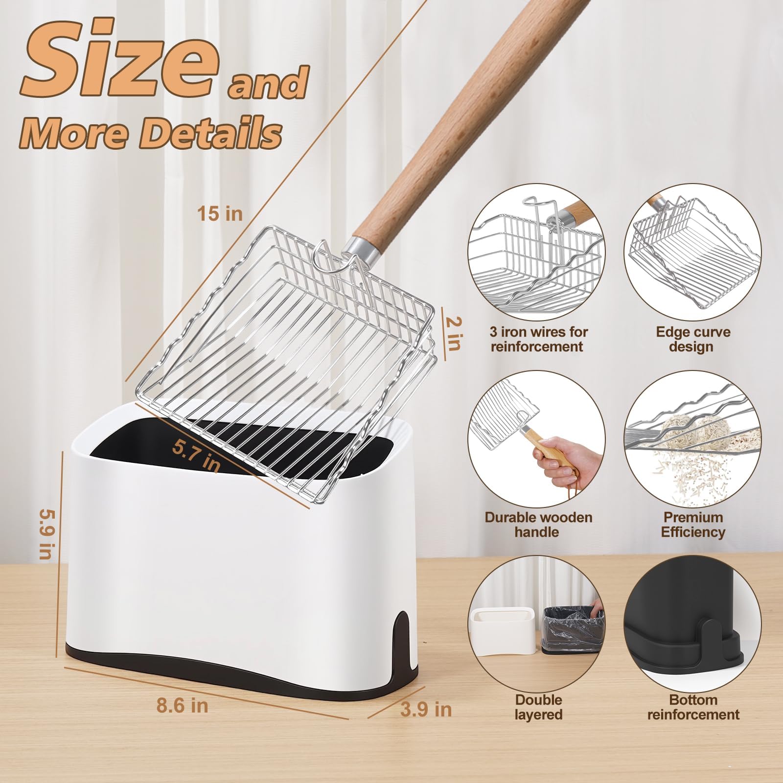 Metal Cat Litter Scoop with Holder, Poop Scooper with Stand and 2 Rolls of Garbage Bags, Heavy Duty Stainless Steel Shovel with Wooden, Quick Sifter for Easy Cleaning (Long handle-9.8" with Holder) - image 2