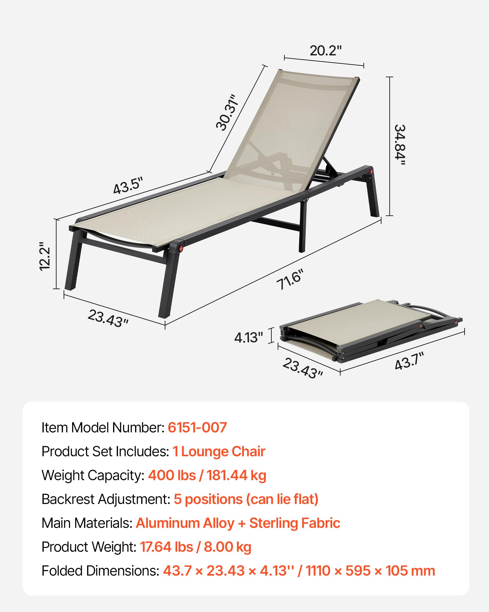 VEVOR Liegestuhl faltbar, Tragkraft 180 kg, Gartenliege mit 5 Verstellbarer Rücklehne, Sonnenliege aus Aluminium, Strandliege, Relaxliege, Gartenmöbel für Strand, Hof, Camping und Terrasse