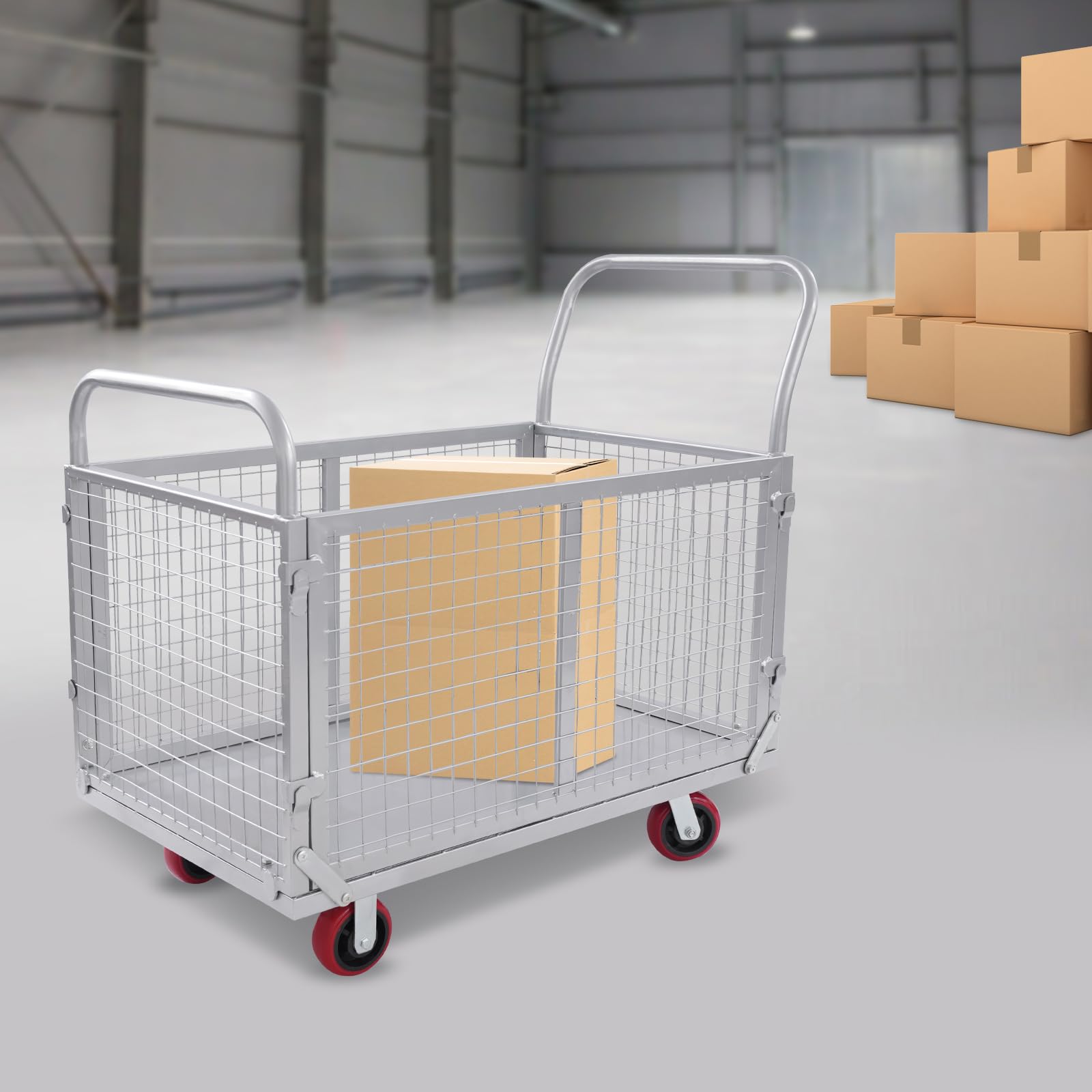 Plattformwagen, Transportwagen, mit Gitter Handwagen Kaltgewalzter Stahl, 200kg Tragfähigkeit, 100 * 60 * 94cm, abnehmbare Gitterwände für Logistikzentren Lagerhäuser Haus, Silber