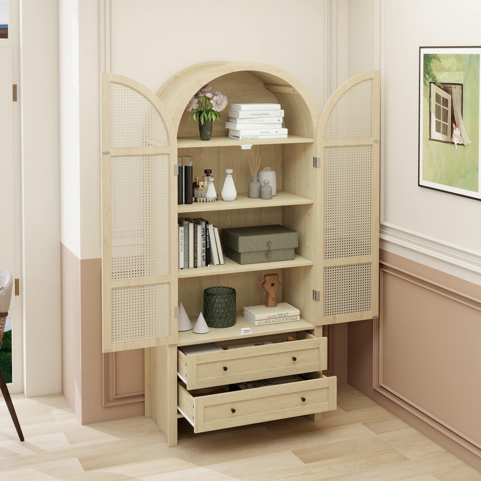PUGSDRLY Buffet Haut Salon avec 2 Portes en rotin tressé et 2 Tiroirs,Vitrine,Buffet Salle a Manger en Forme d'arc,Meuble de Cuisine Rangement,Armoire de Rangement en Bois,79x39.5x178cm (Style-B)