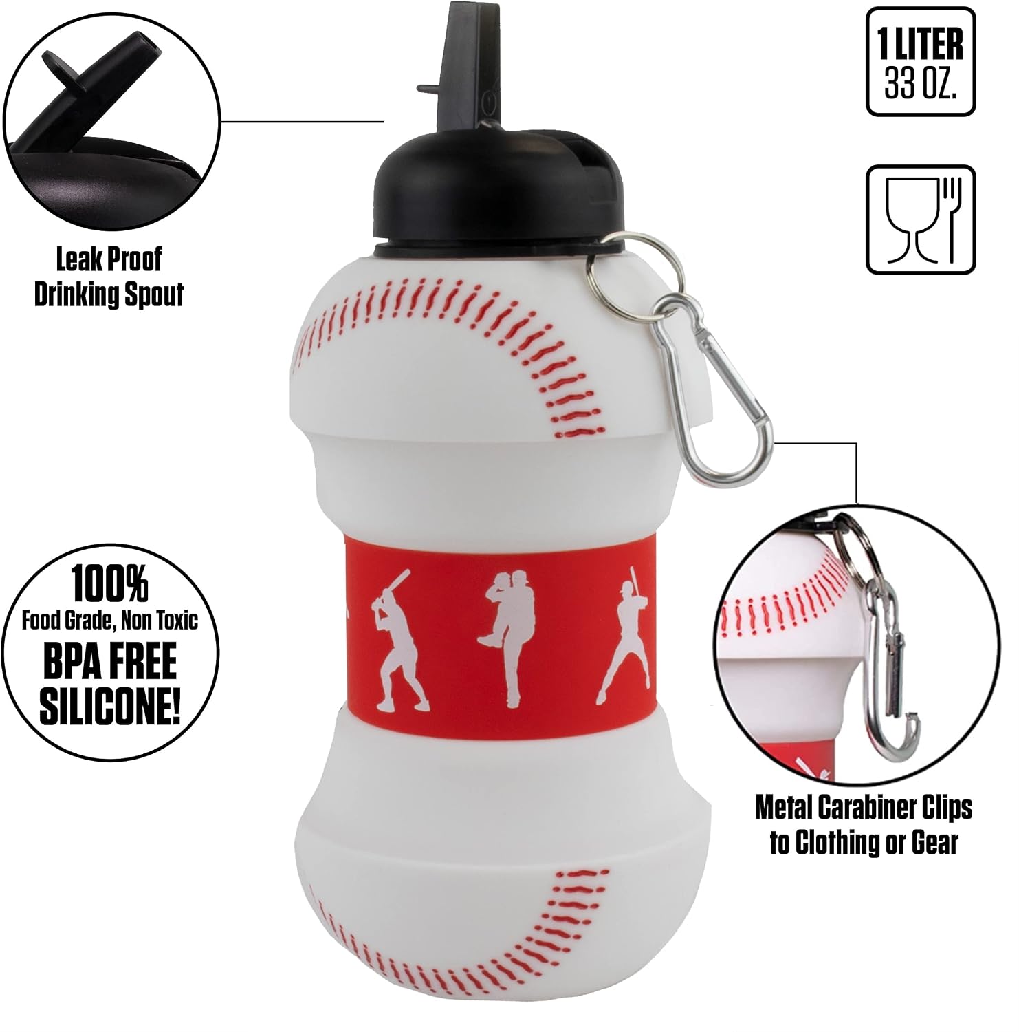 Maccabi Art Clip-On Collapsible 1 Liter, 34 oz. size BPA-Free Silicone Baseball Large Water Bottle for Kids