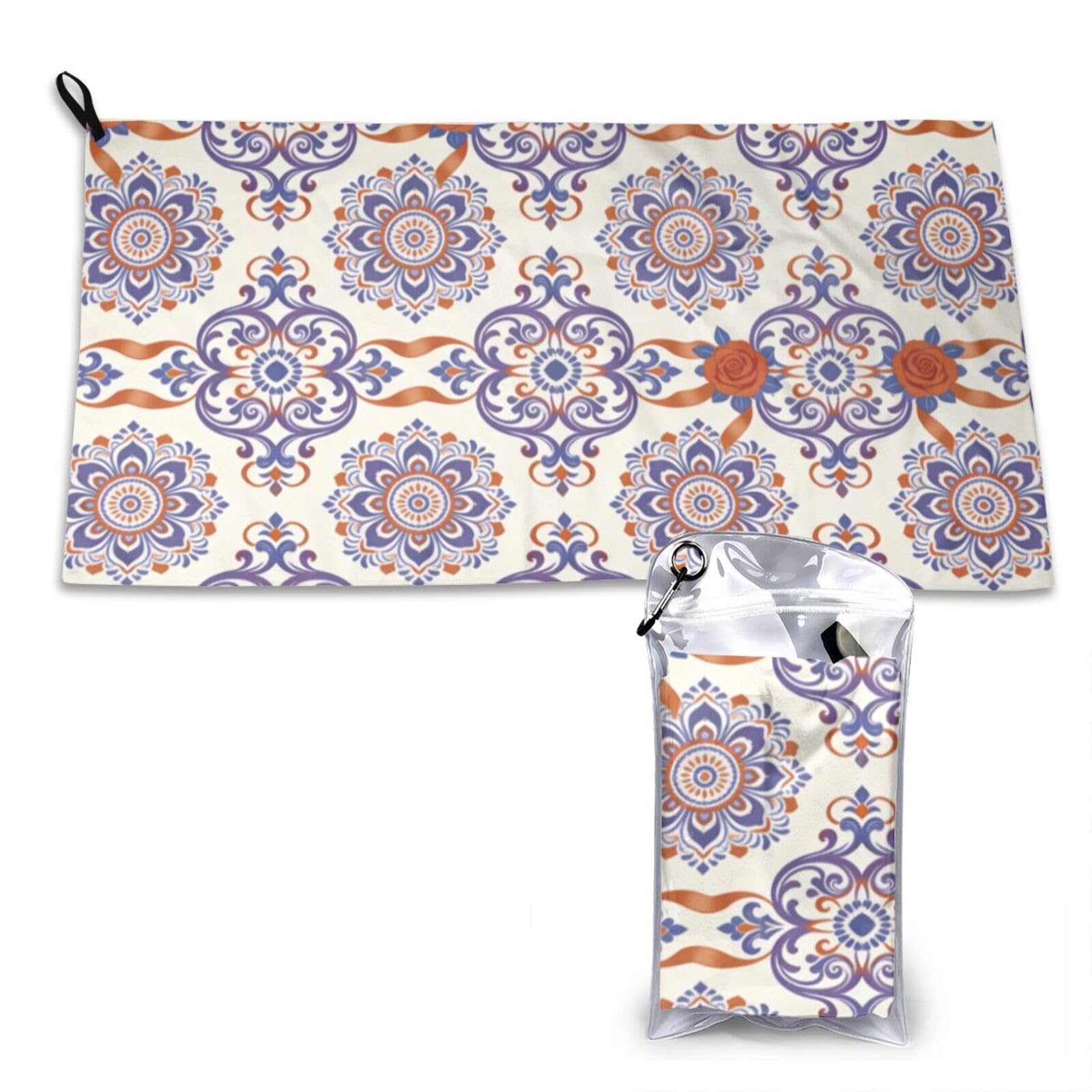 DUYKIMQW Blue-Orange Floral Motif Print Quick Dry Towel 16x31.5in White