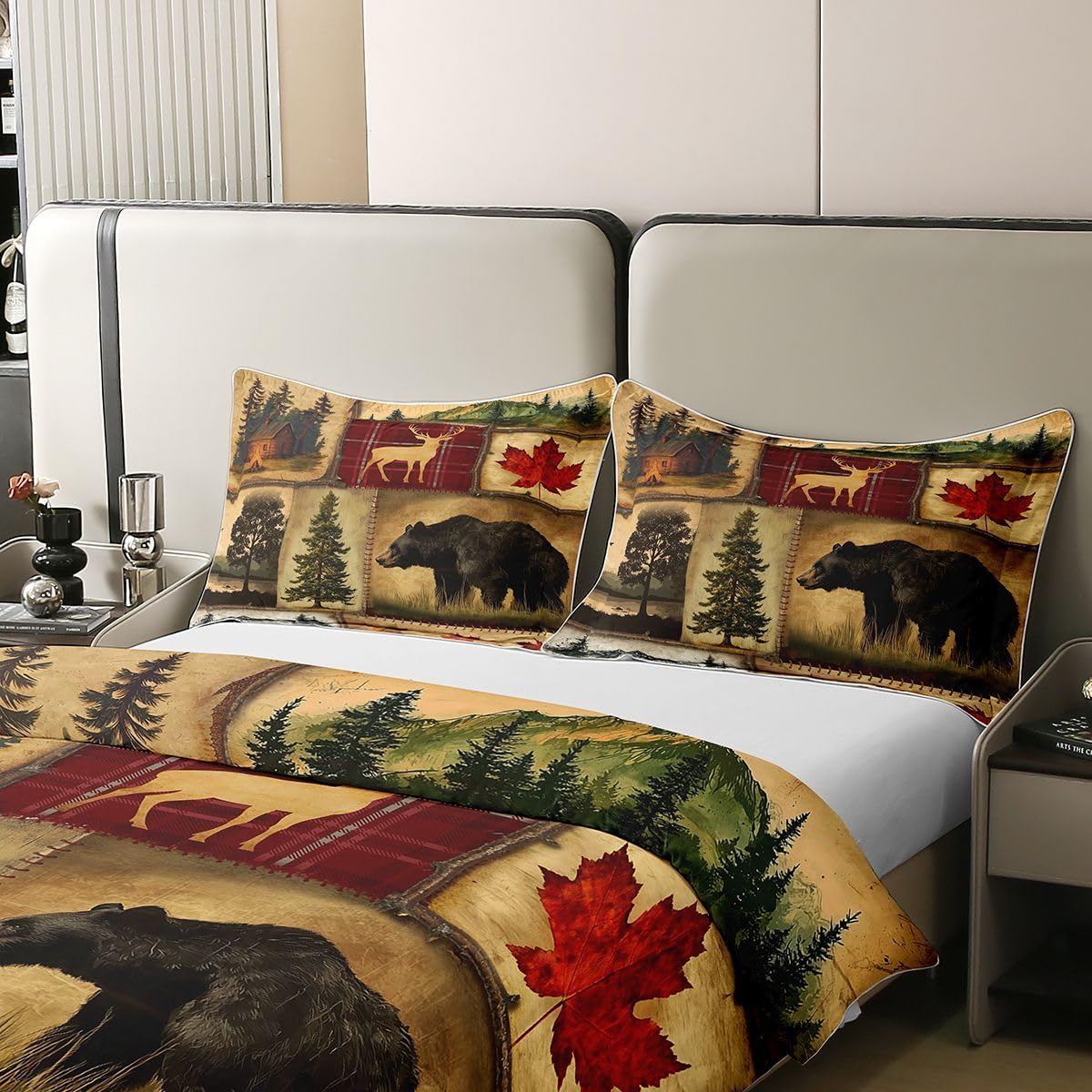 Rustic Farmhouse 100% Cotton Duvet Cover Queen, Retro Cabin Lodge Bedding Set, Hunting Bear Deer Comforter Cover, Country Maple Leaves Bed Set, Rustic Woodland Pine Tree Quilt Cover, Red Brown, 3Pcs