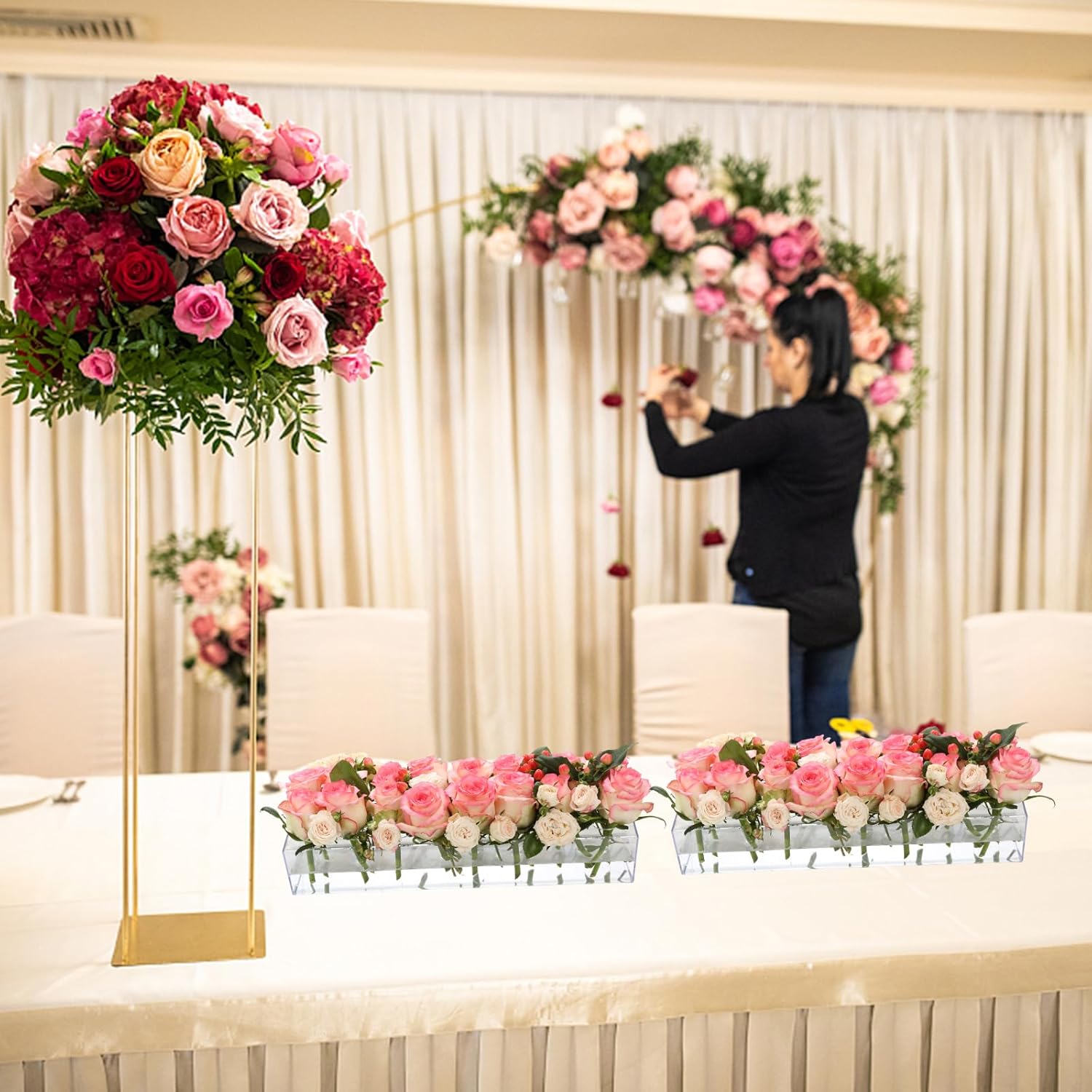 4 Pack Clear Acrylic Flower Vase Centerpiece for Dining Table,63.2 Inch Rectangular Floral Low Vases with 64 Holes for Dining Table Modern Flower Arrangement for Home Decor or Weddings