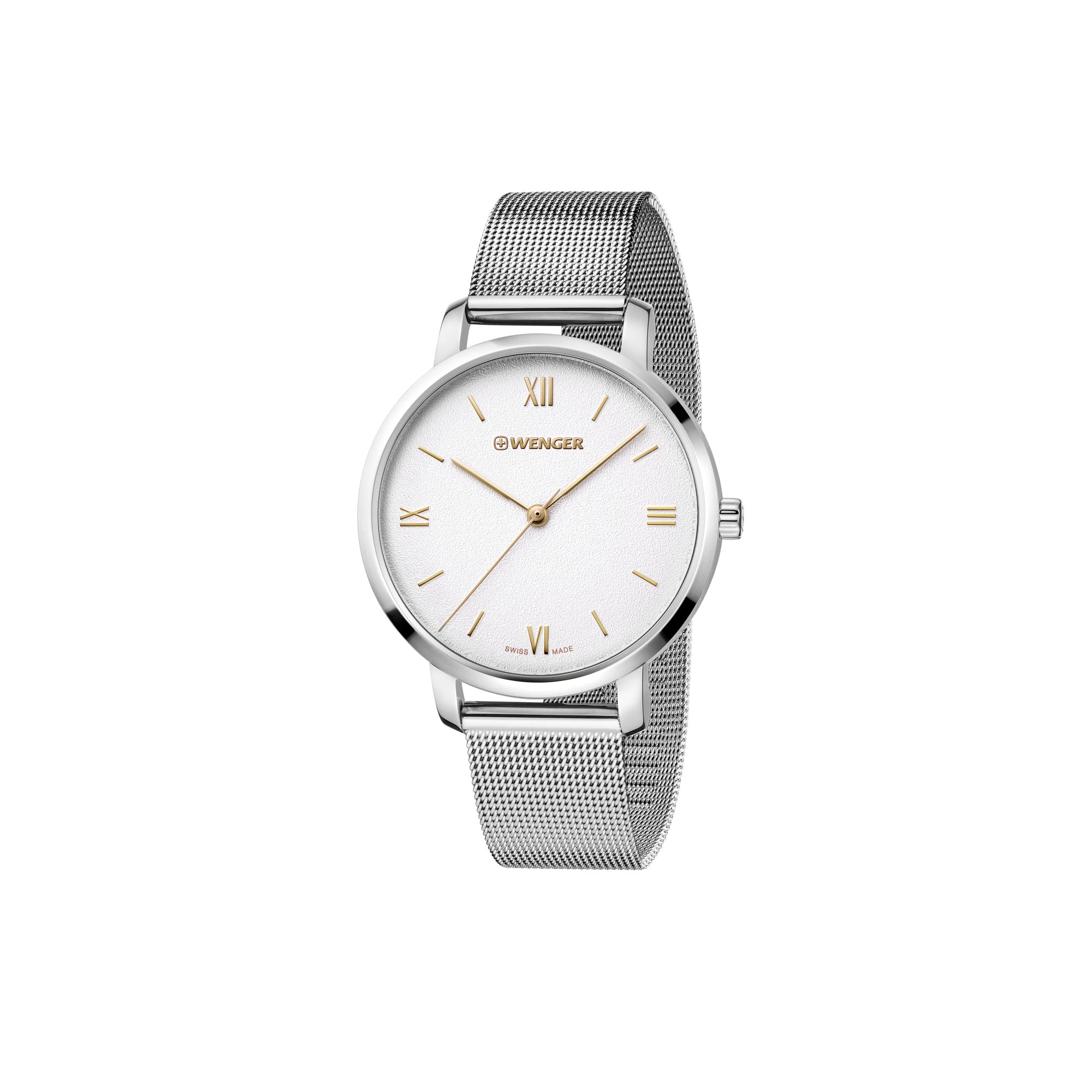 WENGER Women's Stainless Steel Bracelet Metropolitan Donnissima 38 mm, Swiss Made Analogue Quartz Watch, Waterproof to 100 m, Silver White/Champagne/Silver Bracelet