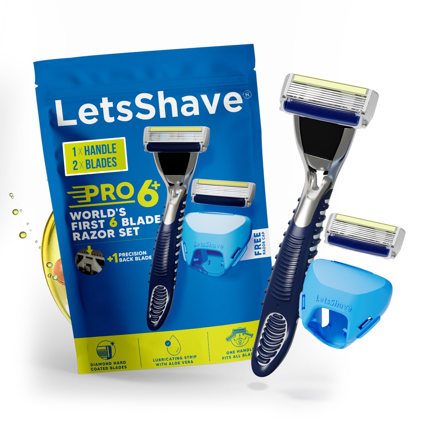 Pro 6 Plus Razor for Men | 2 Cartridges, 1 Handle, Protective Cap | World's First 6-Blade Shaver with Precision Back Edge | Argan Oil & Aloe Moisture Strip | Smooth Shave Kit