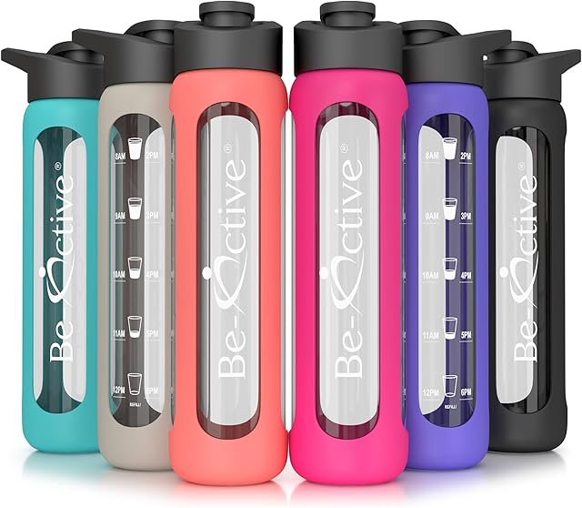 Be-Active FLIP-TOP Glass Motivational Water Bottle 700ml with Times to Drink Hydrate BPA Free (Black)