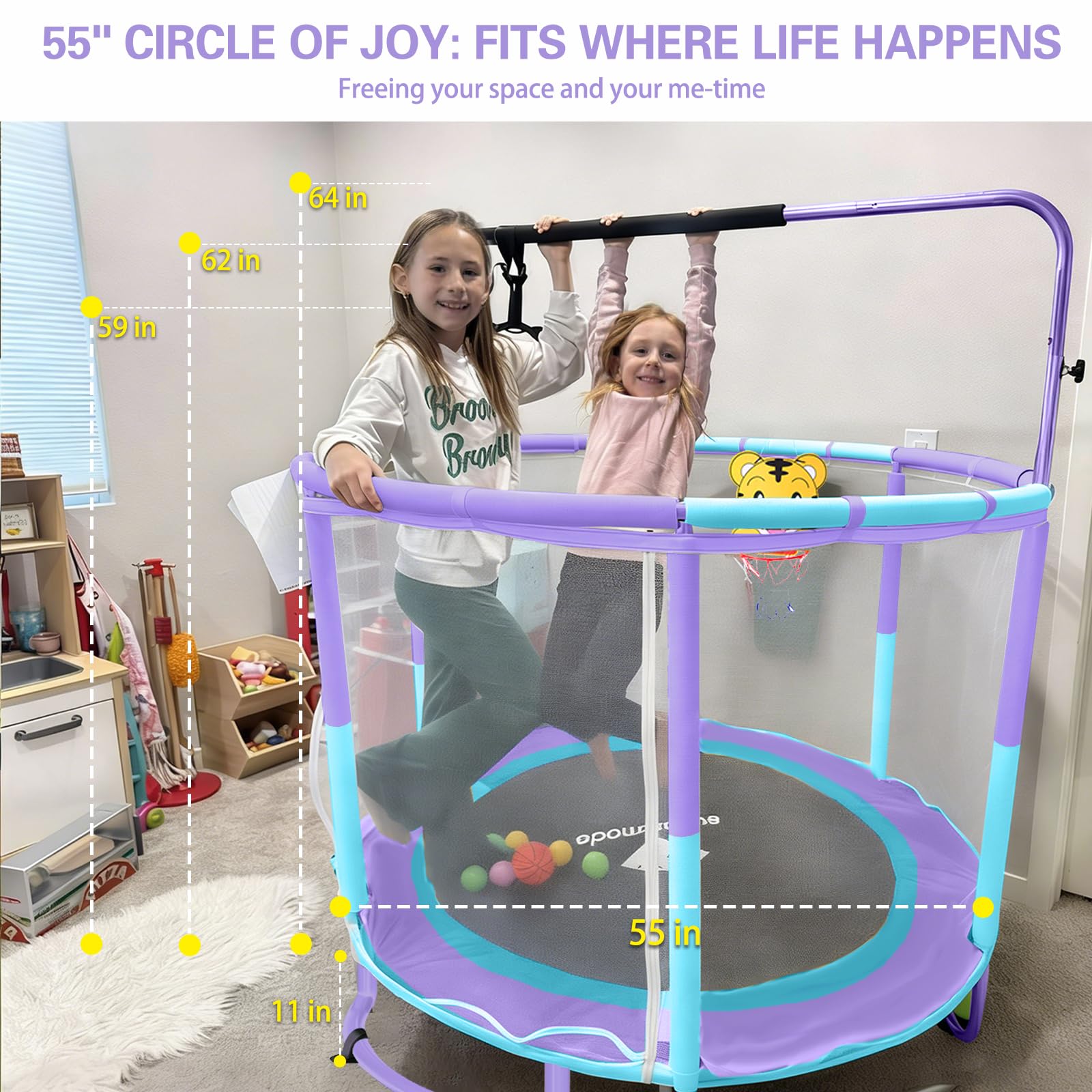 55-Zoll-Trampolin für Kinder für drinnen und draußen mit Sicherheitsnetz, Kleinkind-Trampolin mit Verstellbarer Turnstange und Spielzeug, lückenloses Sicherheitsdesign (lila und blau)