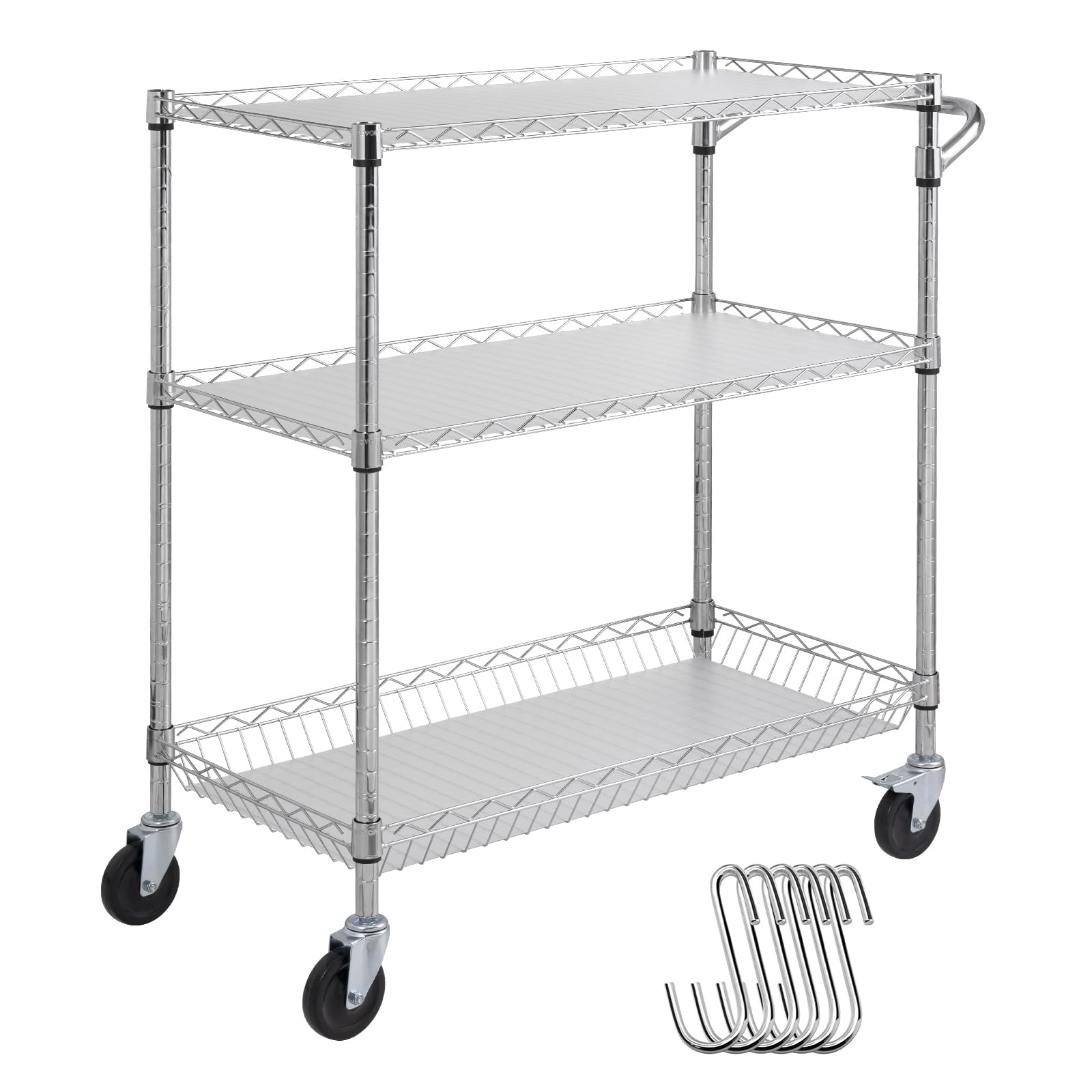 VEVOR Carrello da Cucina, 3 Livelli Carrello da Laboratorio con capacità di 300 kg, Carrello di Servizio Telaio Cromato, Carrello Portaoggetti, Carrello di Trasporto 6 Ganci, per Uso Interno Esterno