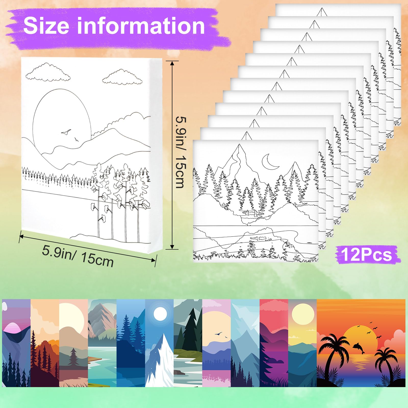 Teling 12 Pcs Pre Drawn Stretched Canvas Kit for Adults Painting Pre Printed Canvas Outline for DIY Painting Party Favor,6 x 6 x 0.6 Inches(Mountain)