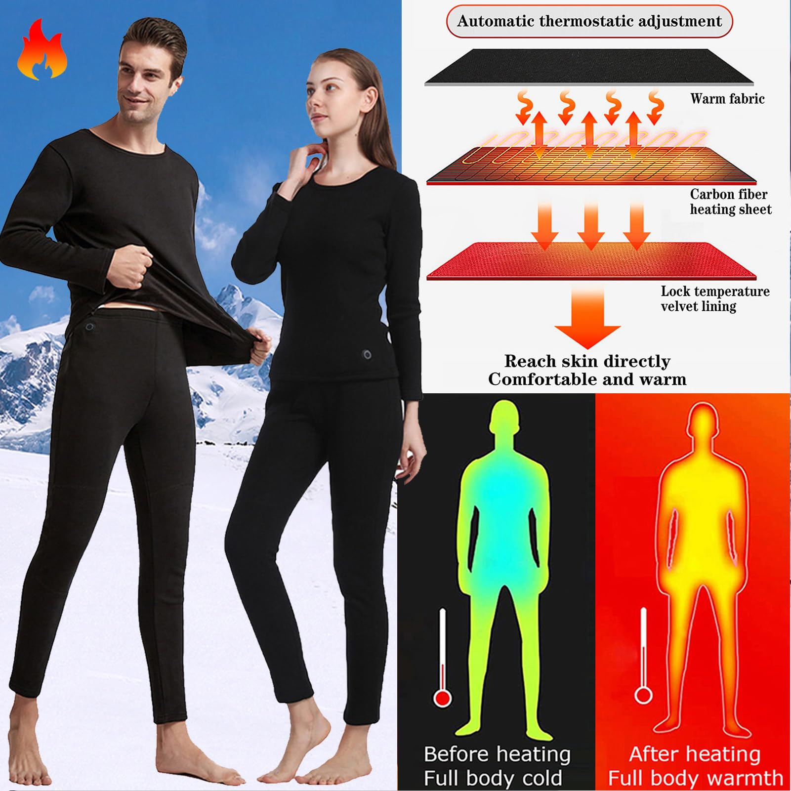 TOVCHEI 13-Zone Carbon Fiber Heated Underwear for Men Women Winters Outdoor Sports USB Heating Thermal Clothes Tops Pants Set,Men,XL