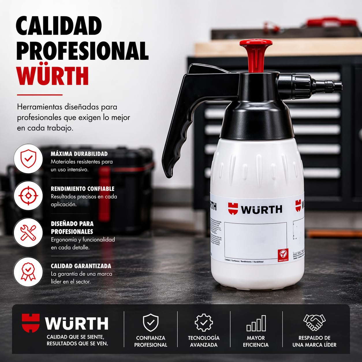 Wurth Pulverizador Presión Químicos y acidos Profesional, Pulverizador Industrial Ideal para Detailing Coche, Taller e Industria, Boquilla Ajustable - 1 Litro