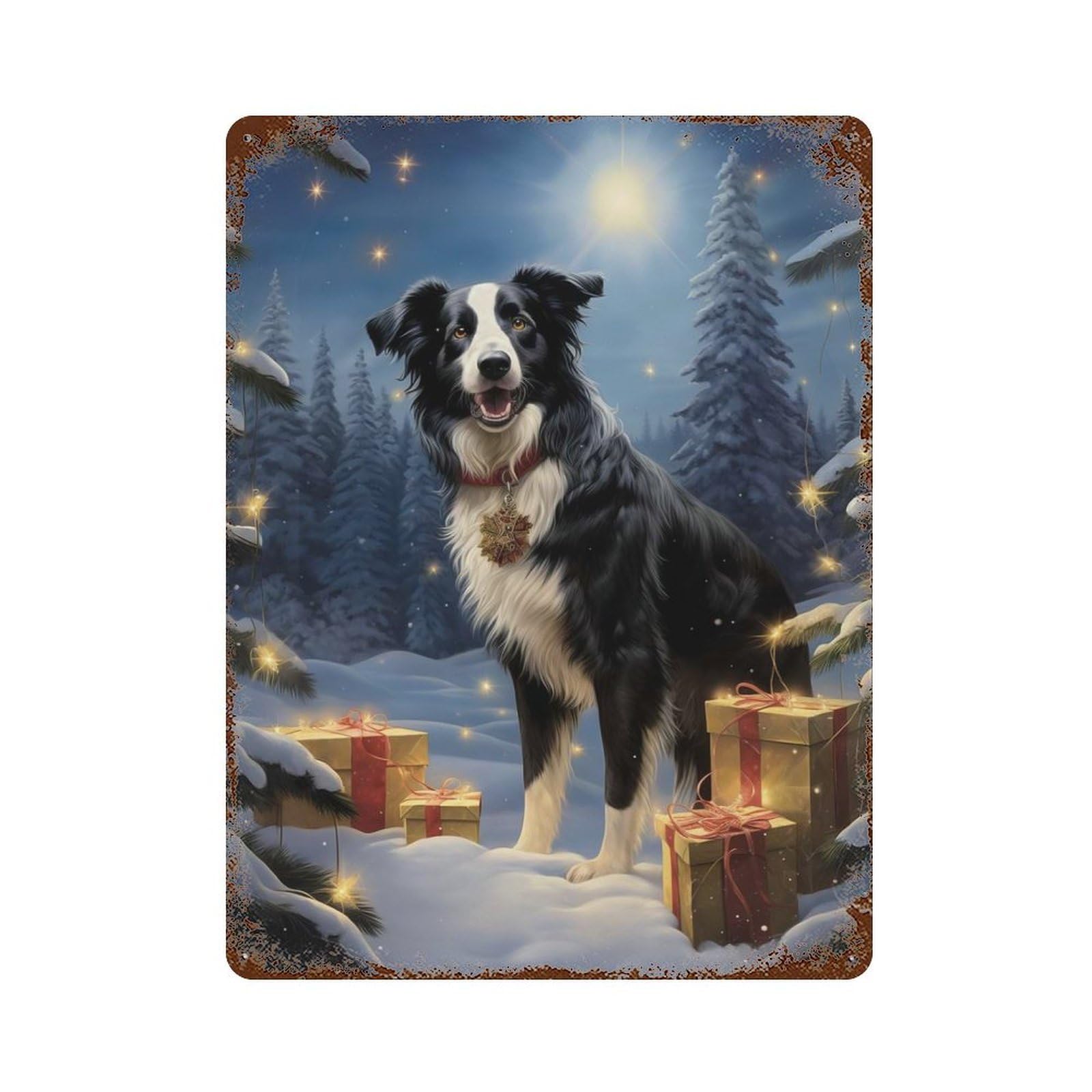 Aged Metal Wall Plaque with Sweet Border Collie Xmas Design 15.7"x11.8", for Basement, Hobby Room And Garage Decor, Farmhouse Wall Decor