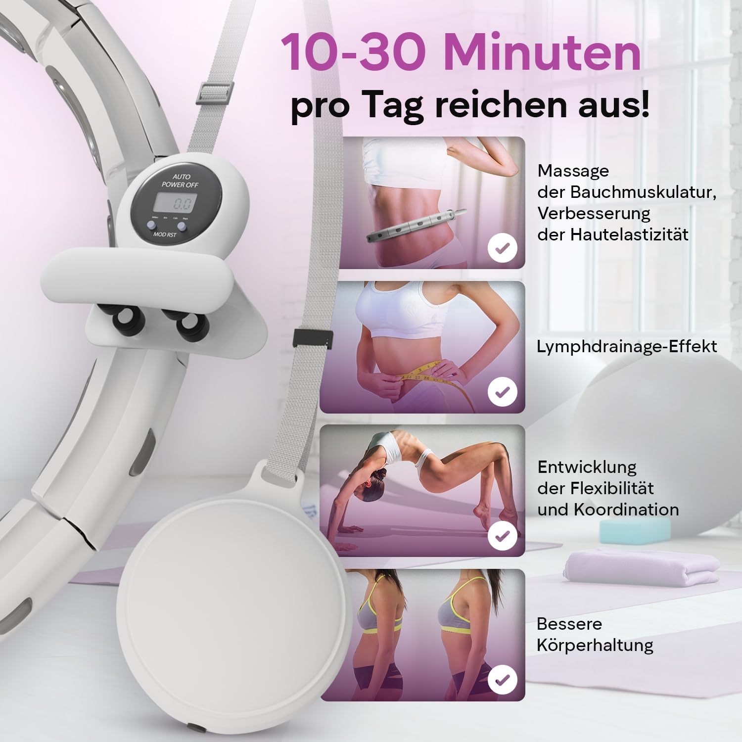 Smart hula hop cichy z licznikiem, biały do rozmiaru XL/hula hop fitness z kulką obciążeniową – inteligentna obręcz hula hop dla dorosłych