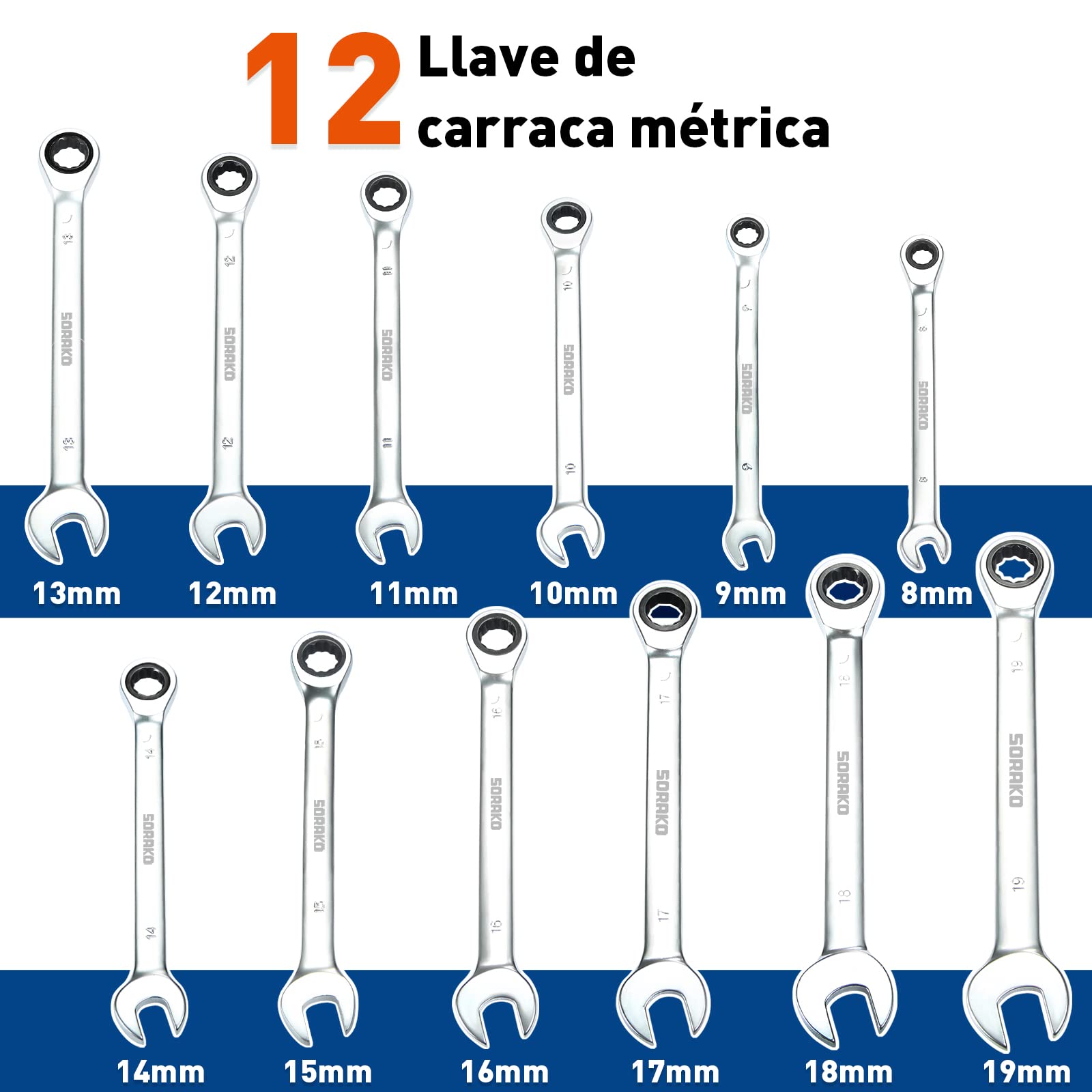 SORAKO Llaves Fijas 12Pcs, Llaves Fijas con Carraca 8-19mm con Bolsa de Almacenamiento, Juego de llaves, llaves Combinadas, Engranaje de Trinquete de 72 Dientes
