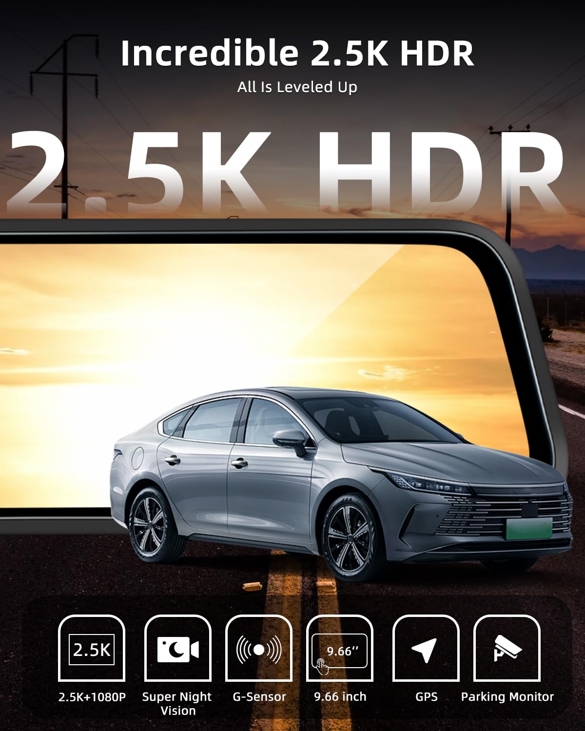 2.5K Mirror Dash CAM con 1080P Backup Camera - 9.66 Inch Touchscreen Dashcam Soporte Parking Monitoring Loop Recording G-Senors 150°Wide Angle + 64GB SD Card