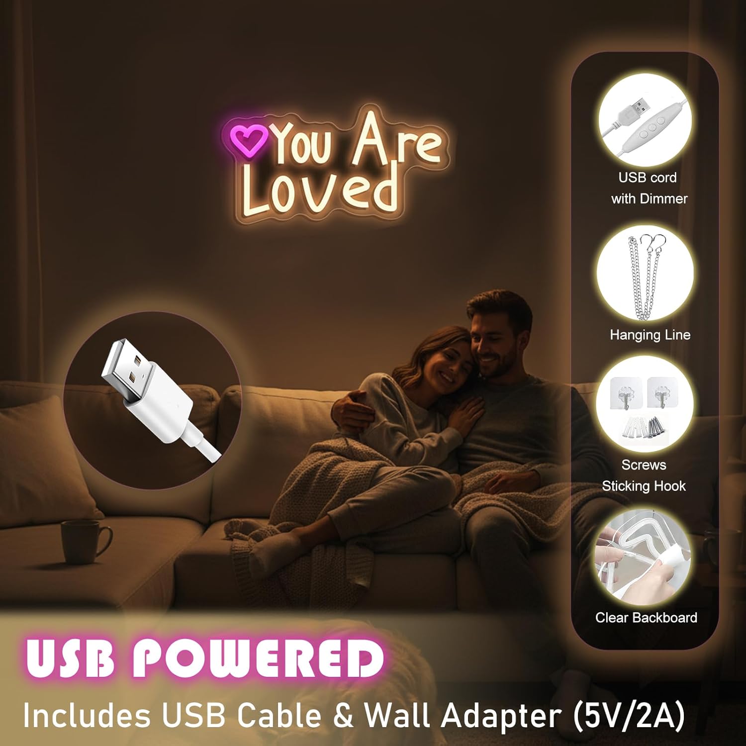 You Are Loved Neon Sign Today for Girl Party Motivational neon signWall Decor, Dimmable, USB Powered, Pink Heart Motivational Gift for Women - Image 6