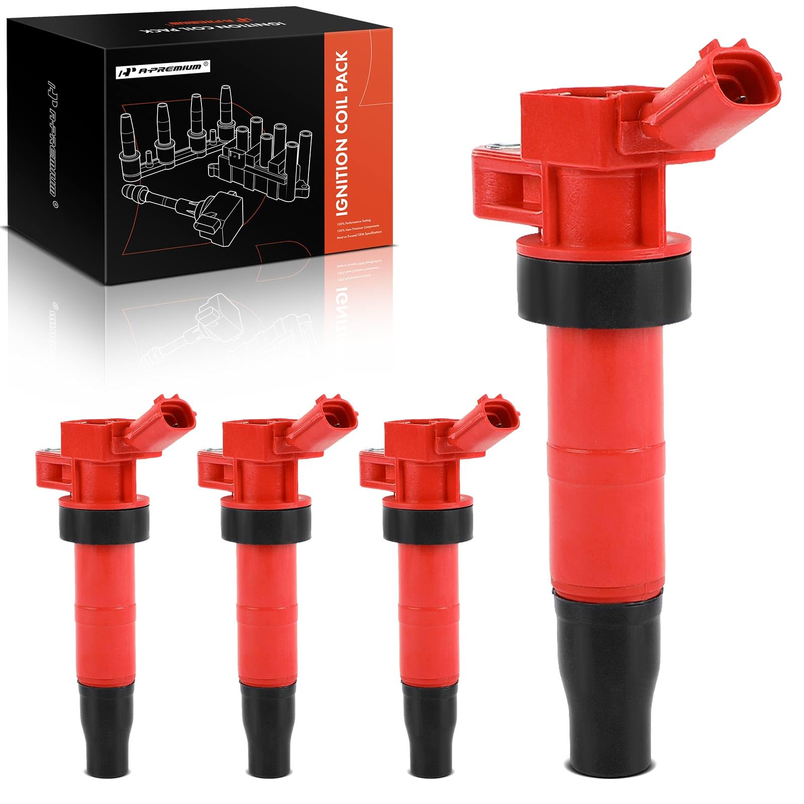 A-Premium (Red) Engine Ignition Coil Pack Compatible with Hyundai Sonata, Santa Fe Sport, Tucson, Genesis, Equus & Kia Optima, Sorento, Forte5, Forte