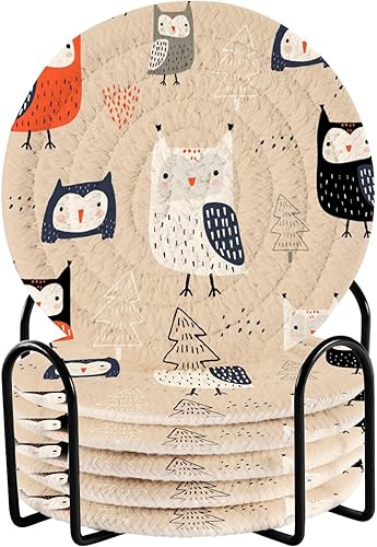 Kawaii Owls Trees Woodland Coasters Set of 6 with Holder Coasters for Drinks Absorbent Cotton Coasters Porta Vasos para Mesas