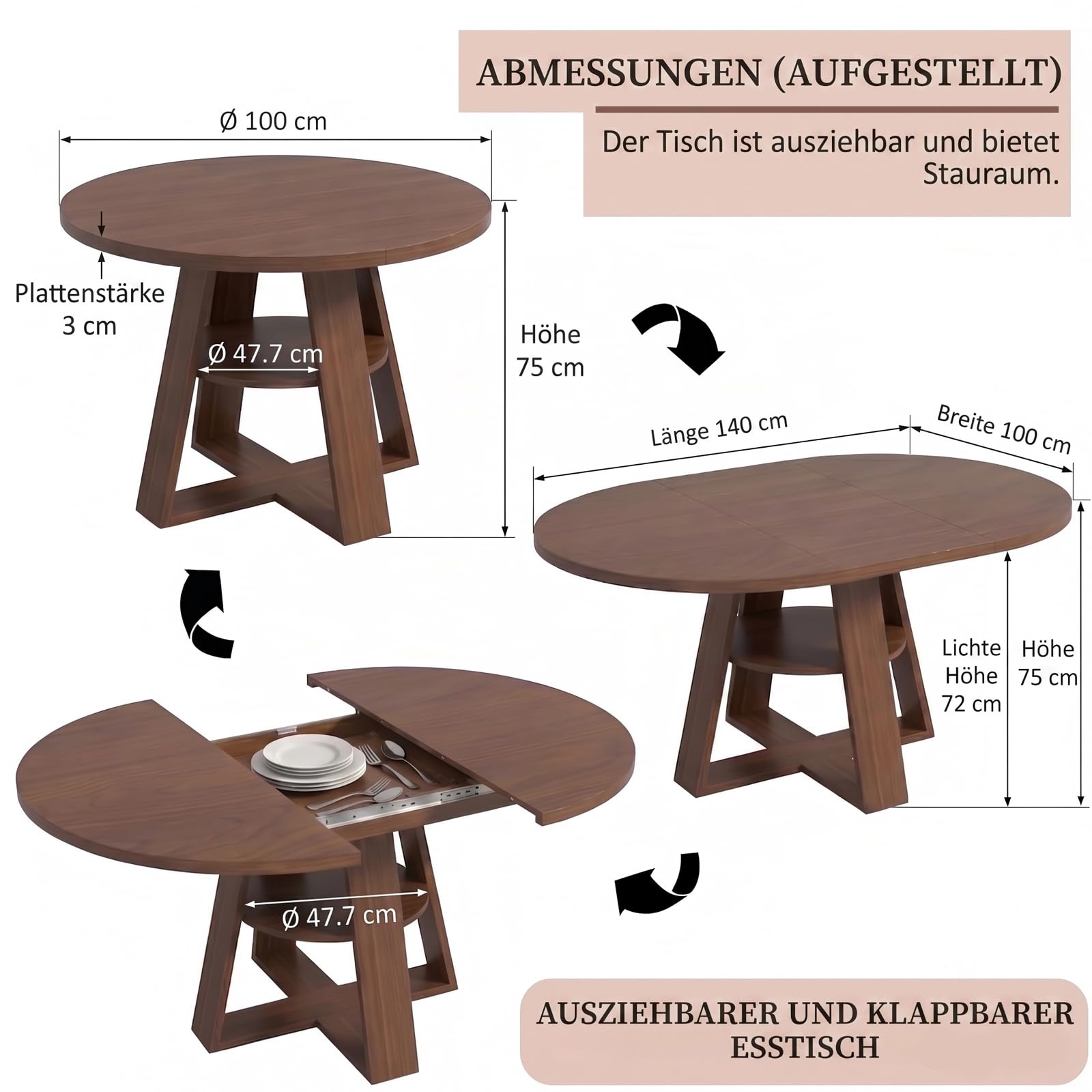 Tavolo da pranzo allungabile, 100/140 x 100 x 75 cm (larghezza x profondità x altezza), tavolo da cucina salvaspazio, tavolo da pranzo in legno, tavolo da giardino allungabile per cucina e