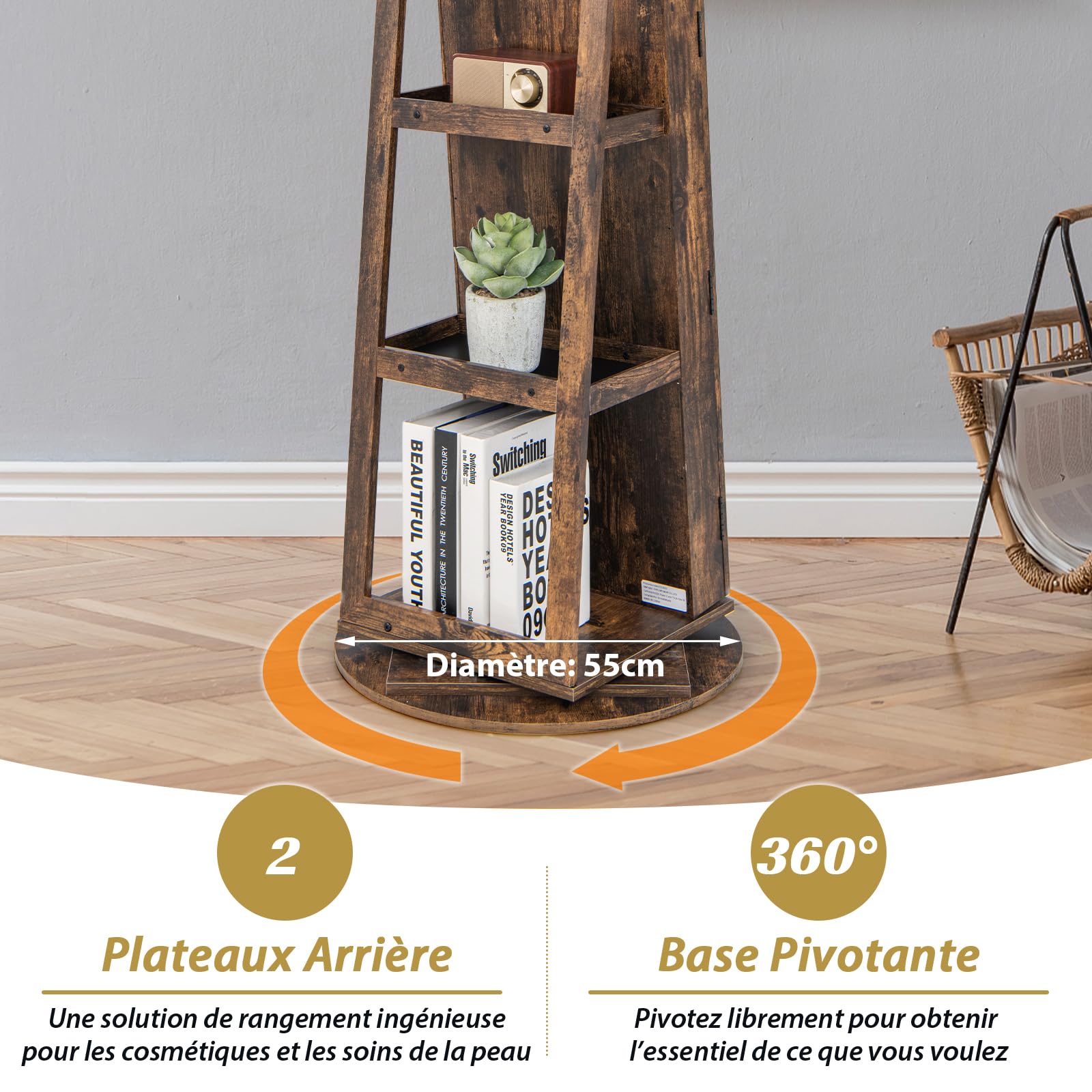 Armoire à Bijoux Avec Miroir Rotatif - 3 étagères, 120 Emplacements Boucles D'oreilles, Verrouillable, Marron - 8