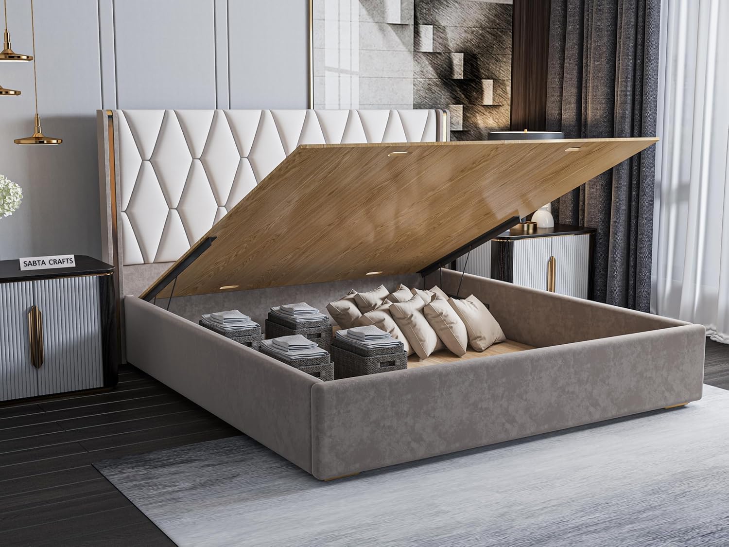 Modern Upholstered King Size Bed with Hydraulic Storage for Bedroom | Wooden Double Beds for Home & Hotels | Platform Cot Bed with Upholstery Fabric, 6.5 x 6 Ft | Sheesham, White-Brown-image-7