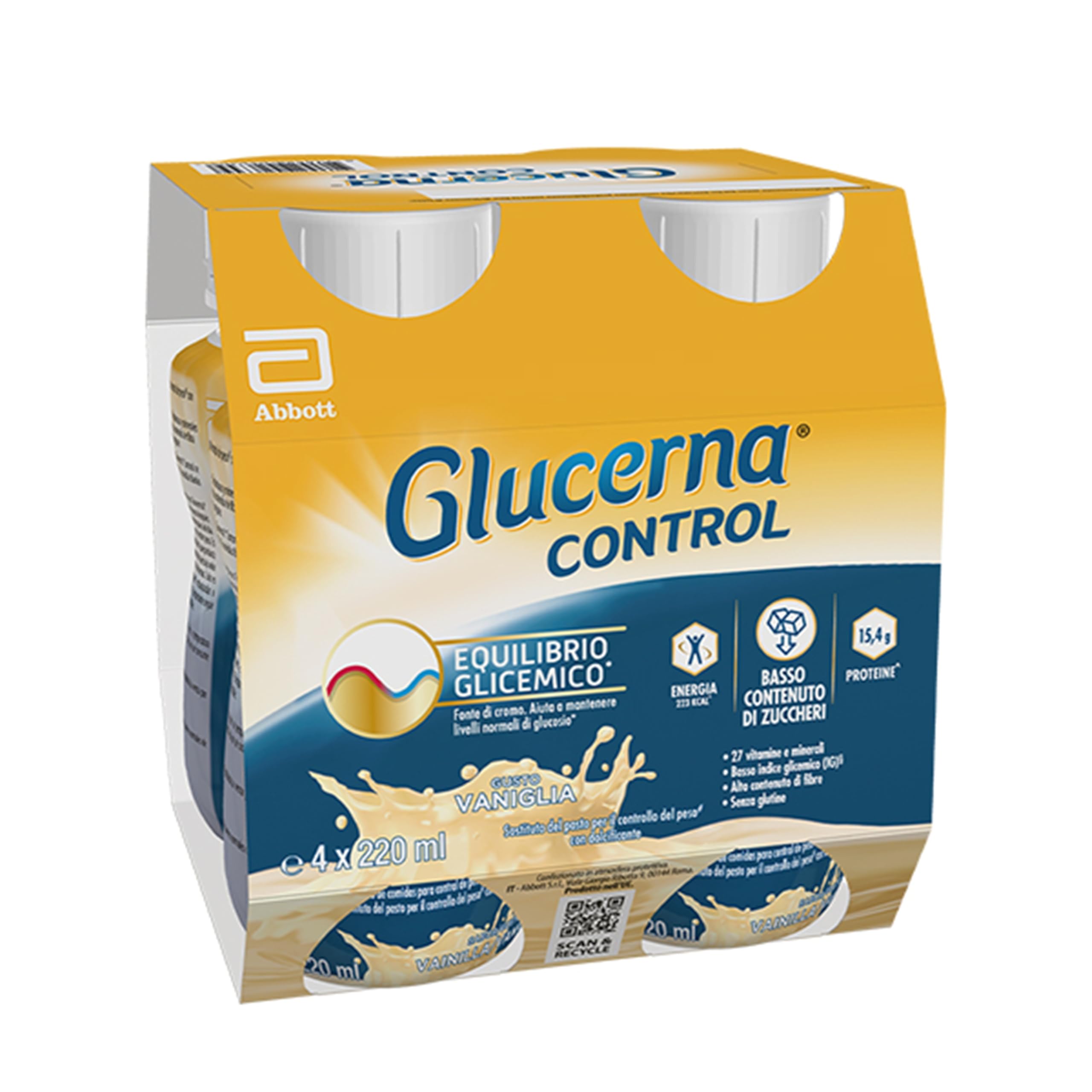 Glucerna Control | Equilibrio Glicemico | Pasto Sostitutivo con Basso Contenuto di Zuccheri| Confezione 4x220 ml, Gusto Vaniglia